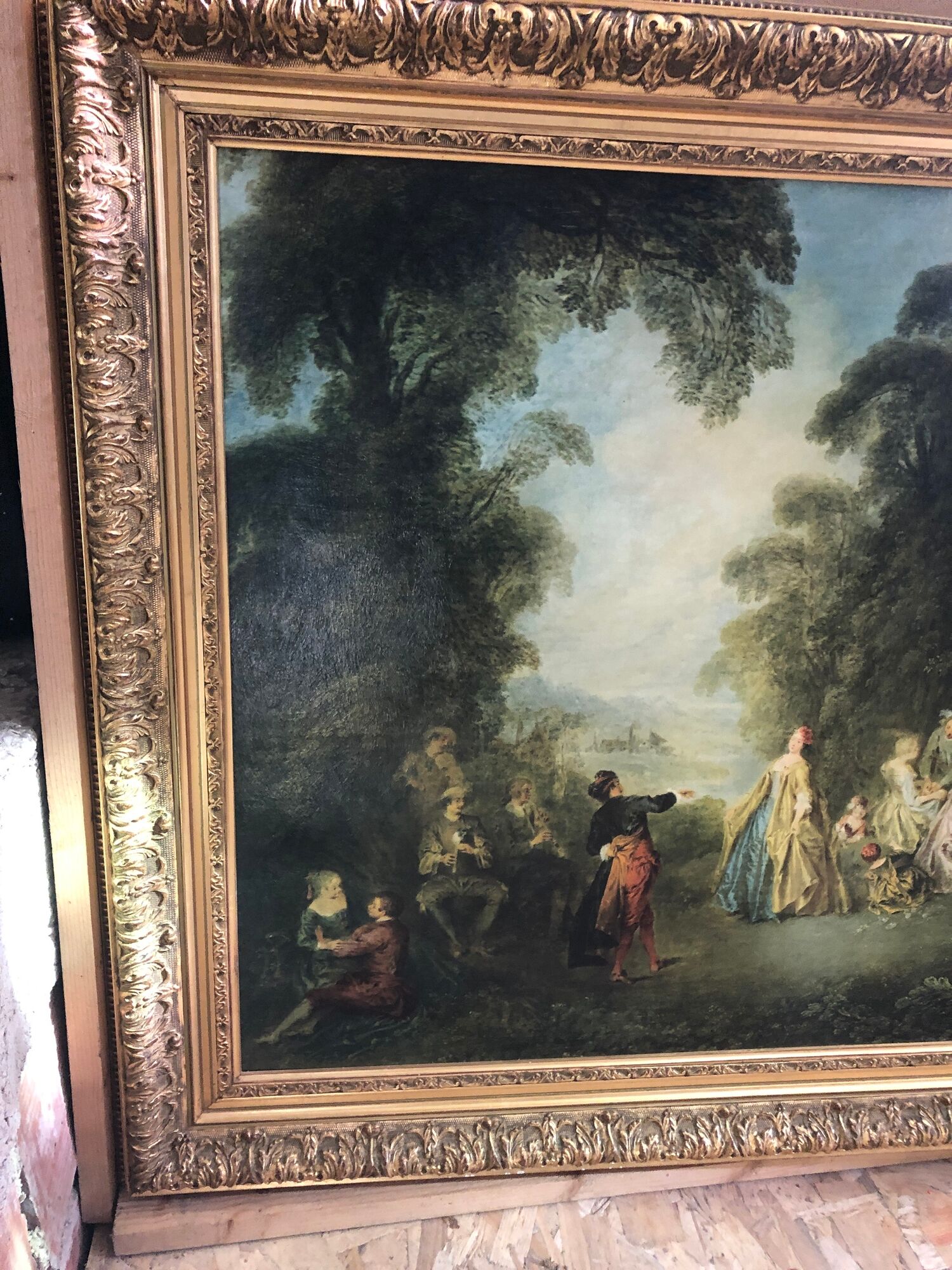 Old painting print on canvas + frame carved wood Gilded Vintage #2