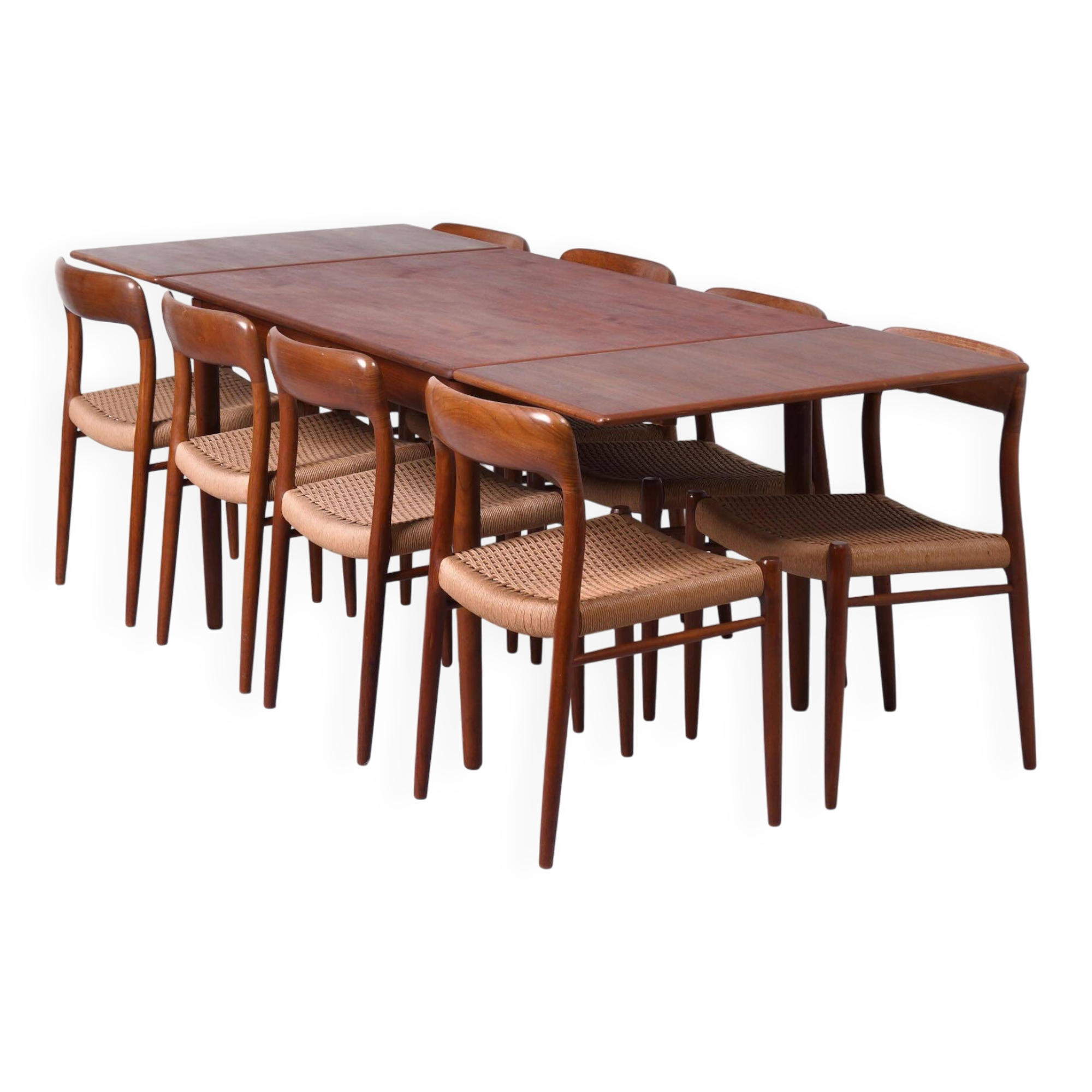 Danish extendable teak dining set with 8 Møller Model 75 chairs, 1960s