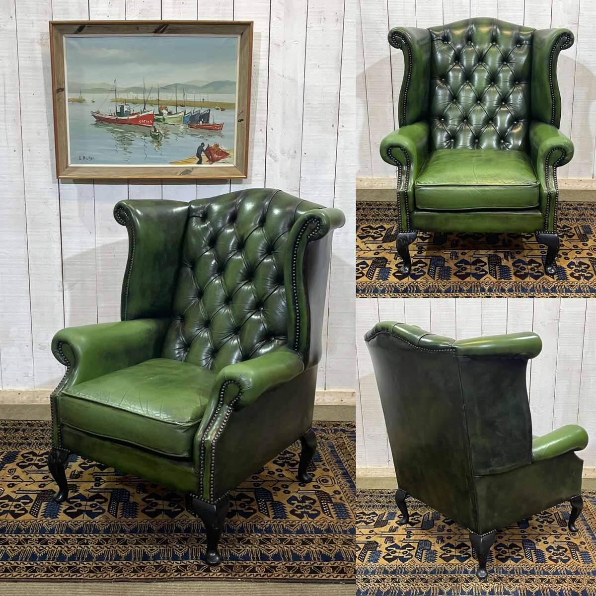 1970s Chesterfield Wingback Chair in Green Leather