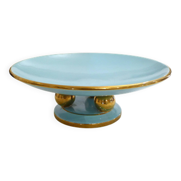 Coupe Art Déco moderniste, pied 3 boules, en faïence turquoise et dorure