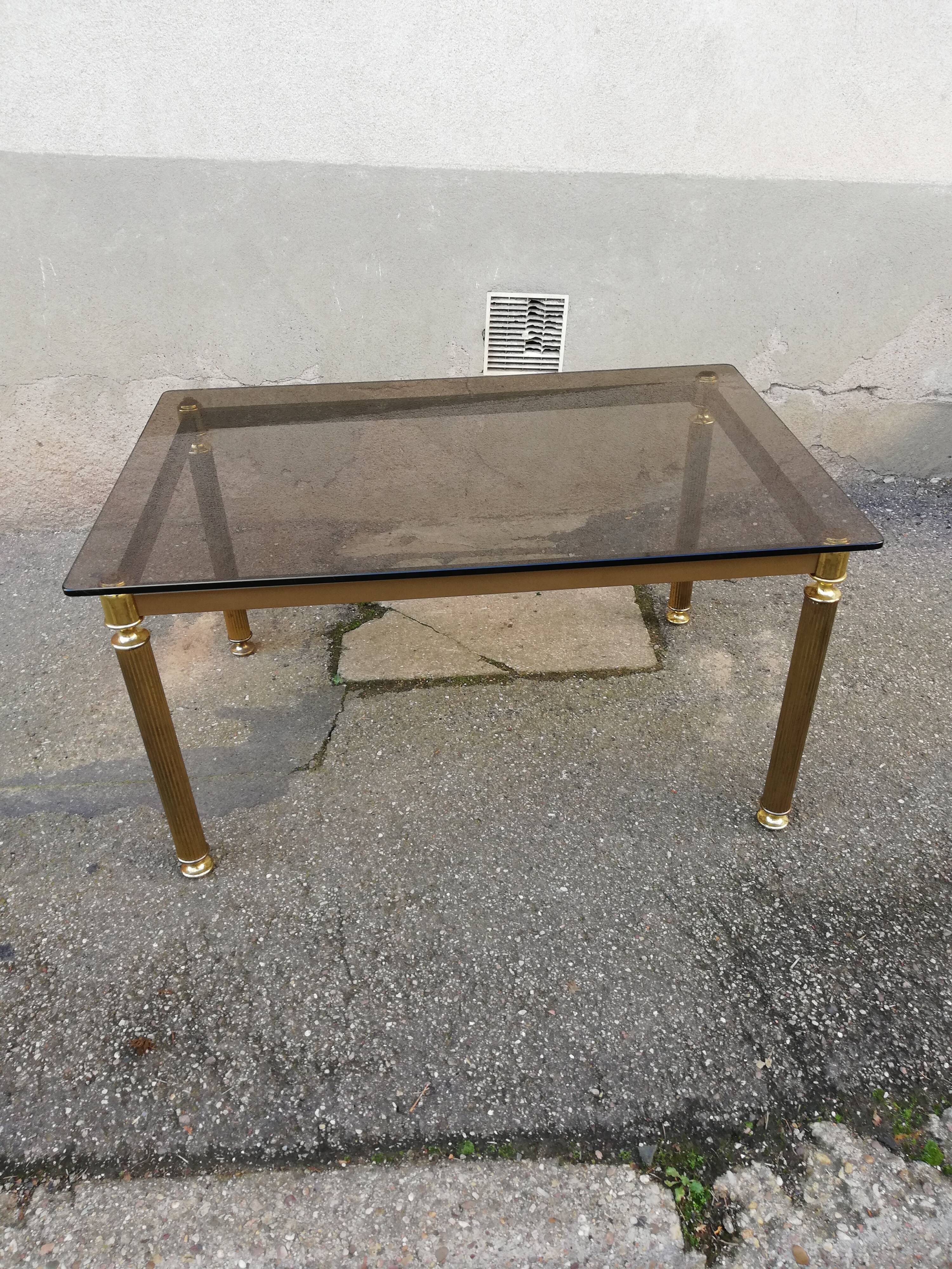 Table basse vintage laiton et verre fumé marron