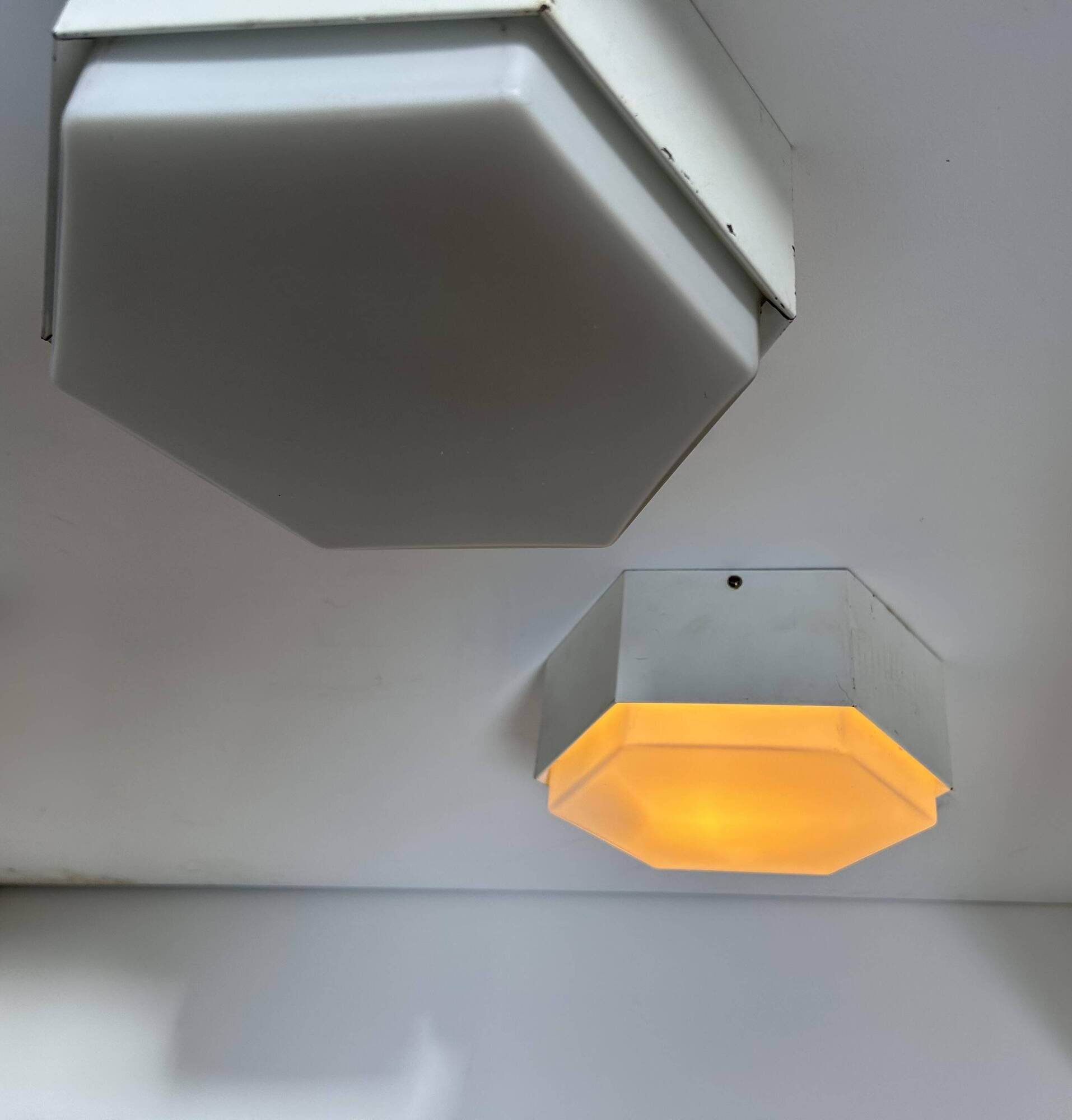 Pair of vintage Raak wall lights, opaline and white lacquered metal, Netherlands 1968