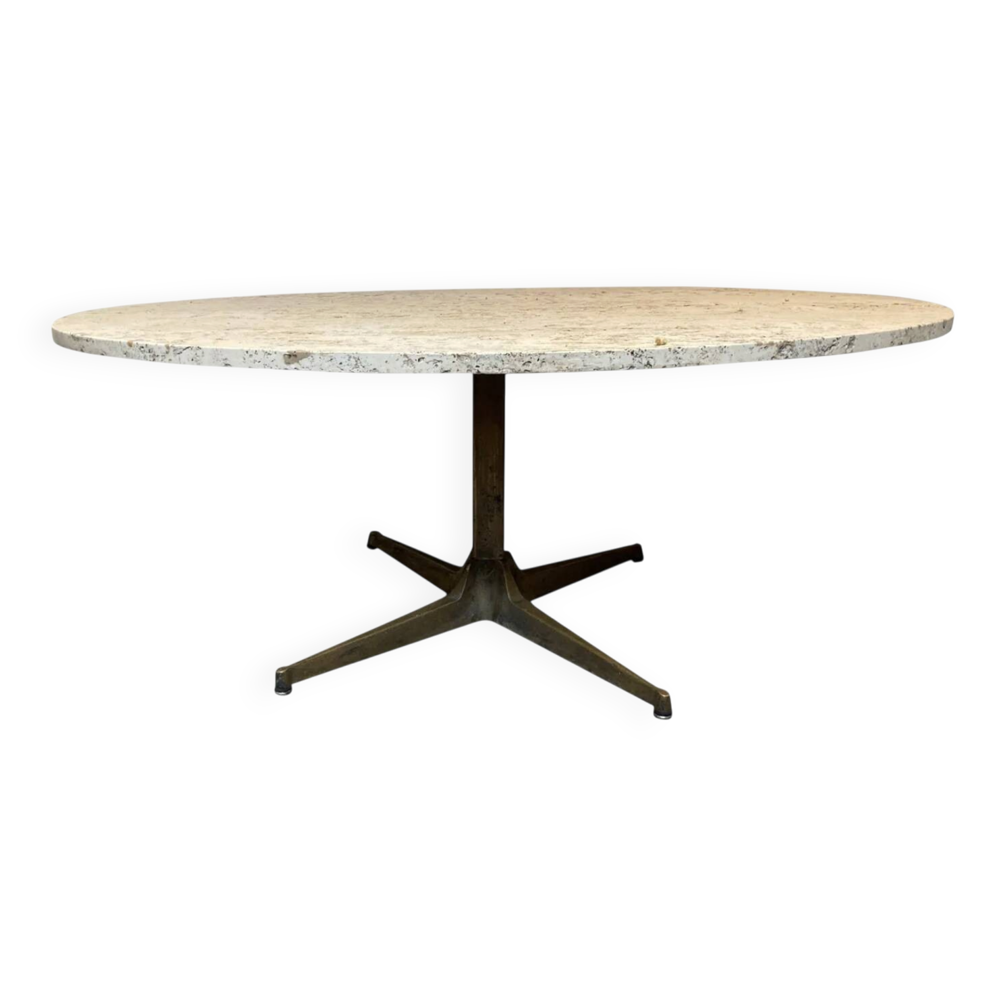 Oval coffee table in the style of Florence Knoll, marble/travertine top, piece.