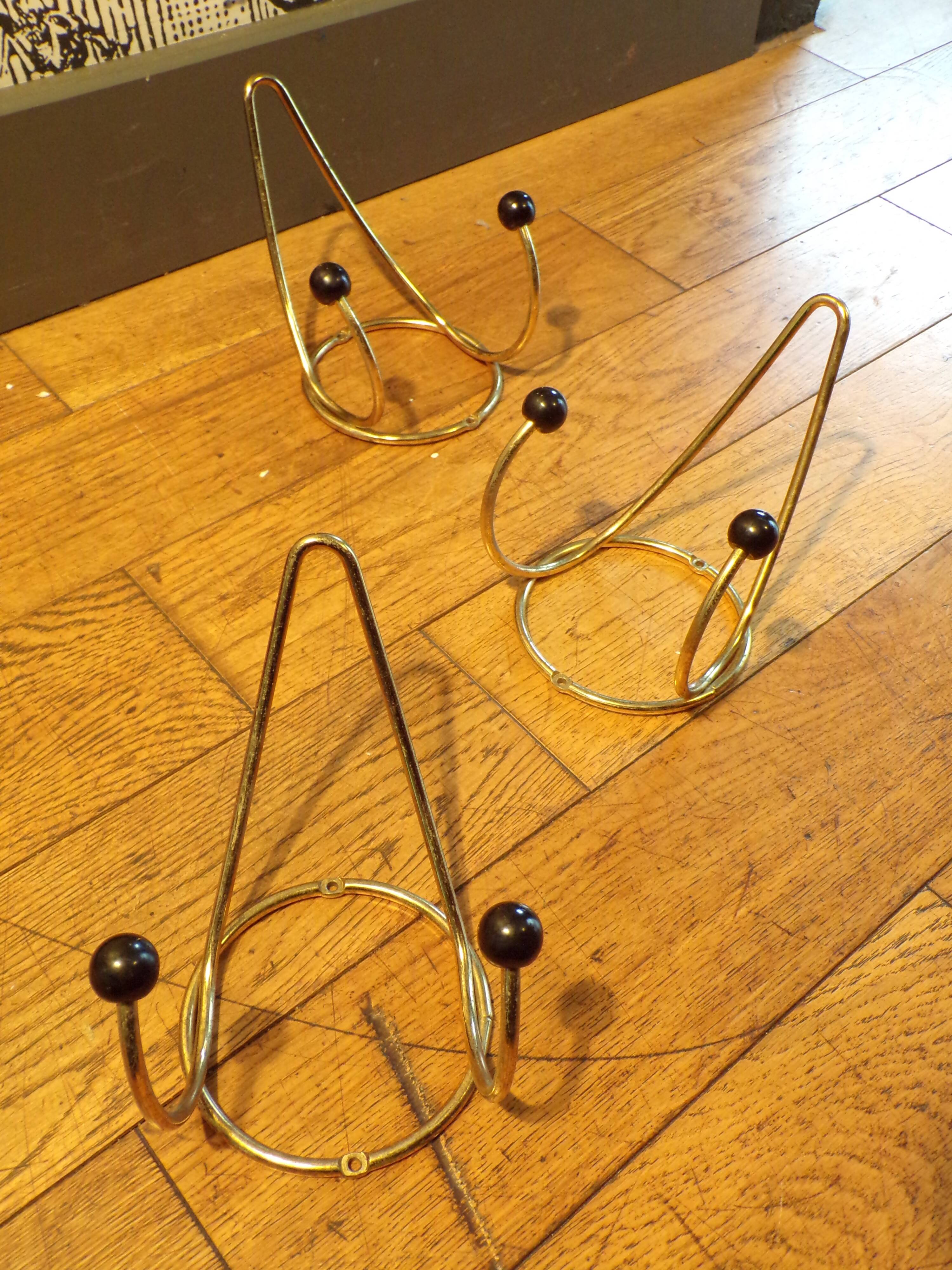 3 patères vintage métal doré