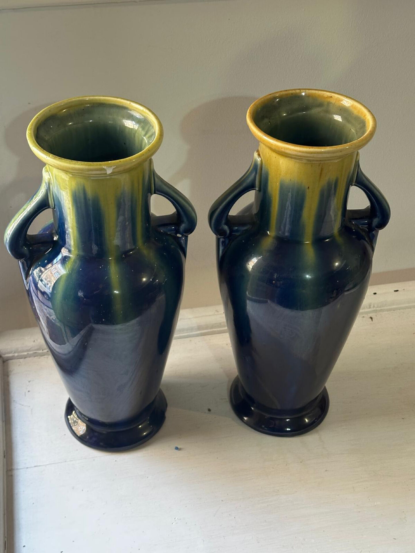 Pair of amphora vases Saint-Clément, glazed ceramic in blue and green.