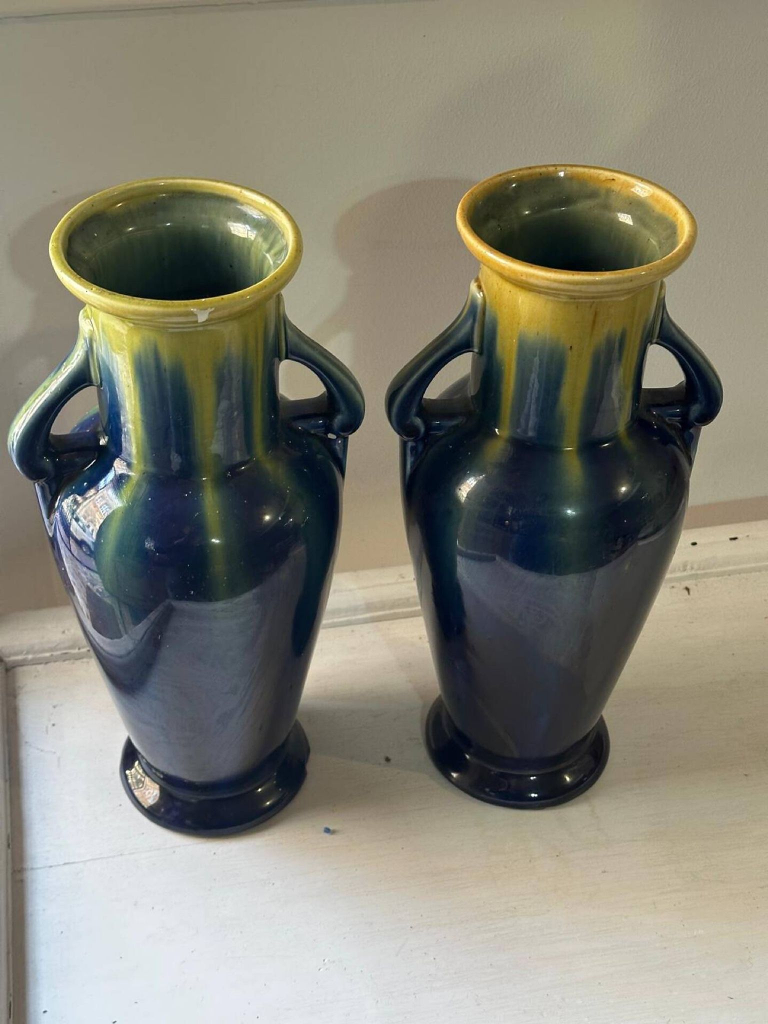 Pair of amphora vases Saint-Clément, glazed ceramic in blue and green.