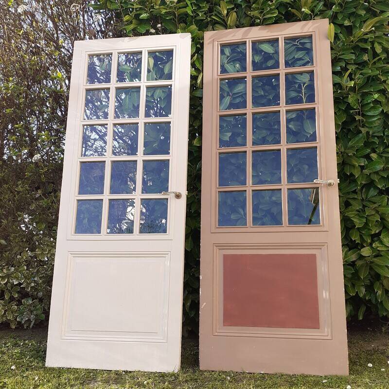 Porte ancienne de communication vitrée moulurée 218,5x83 15 petits carreaux
