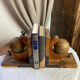 Pair of wooden bookends, rotating globes