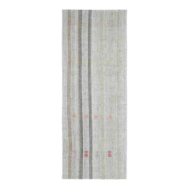 Vintage Turkish Hand-Knotted Wool Cotton Gray Kilim Runner 102x266