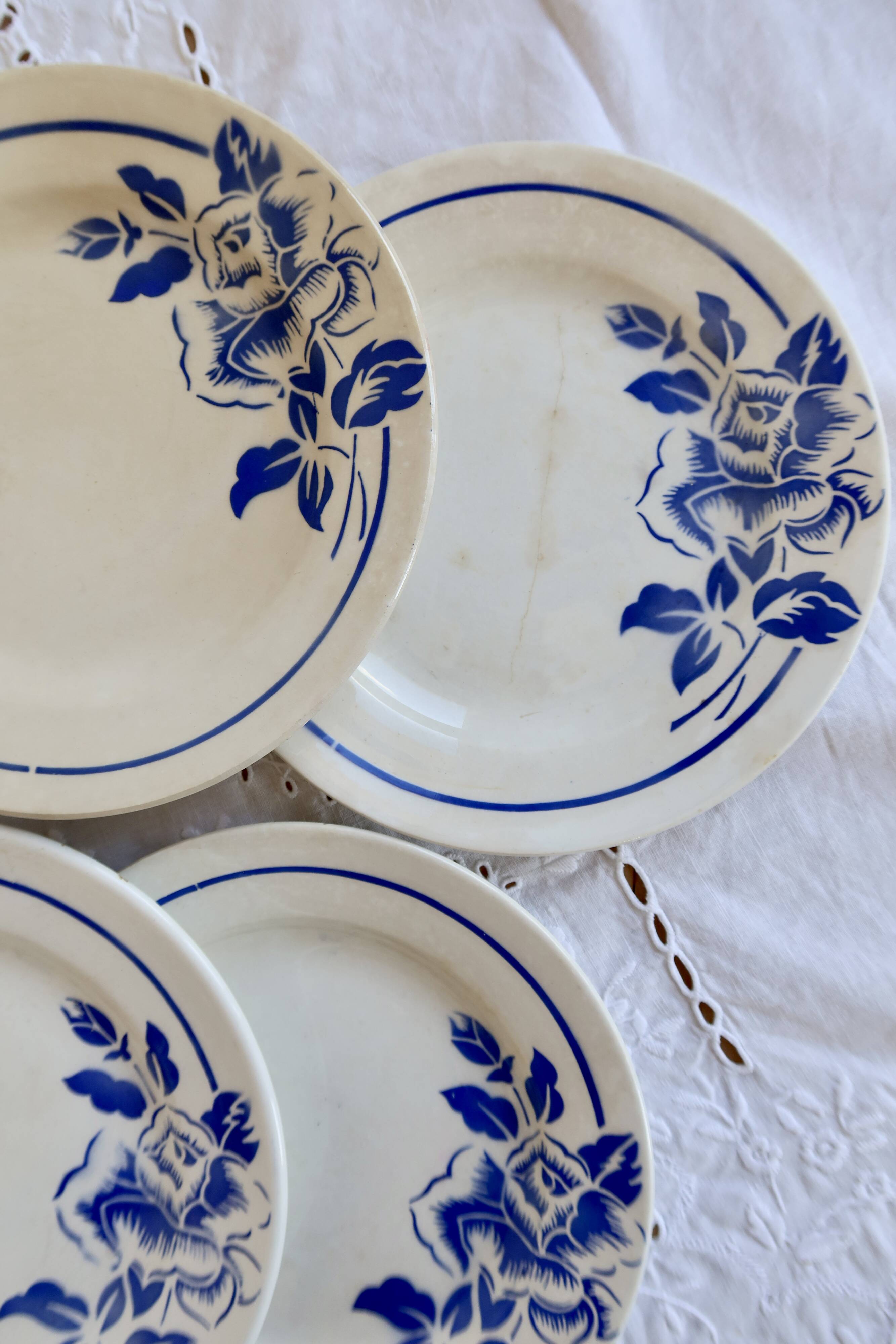 6 vintage ironstone dessert plates Digoin Sarreguemines Hubert blue