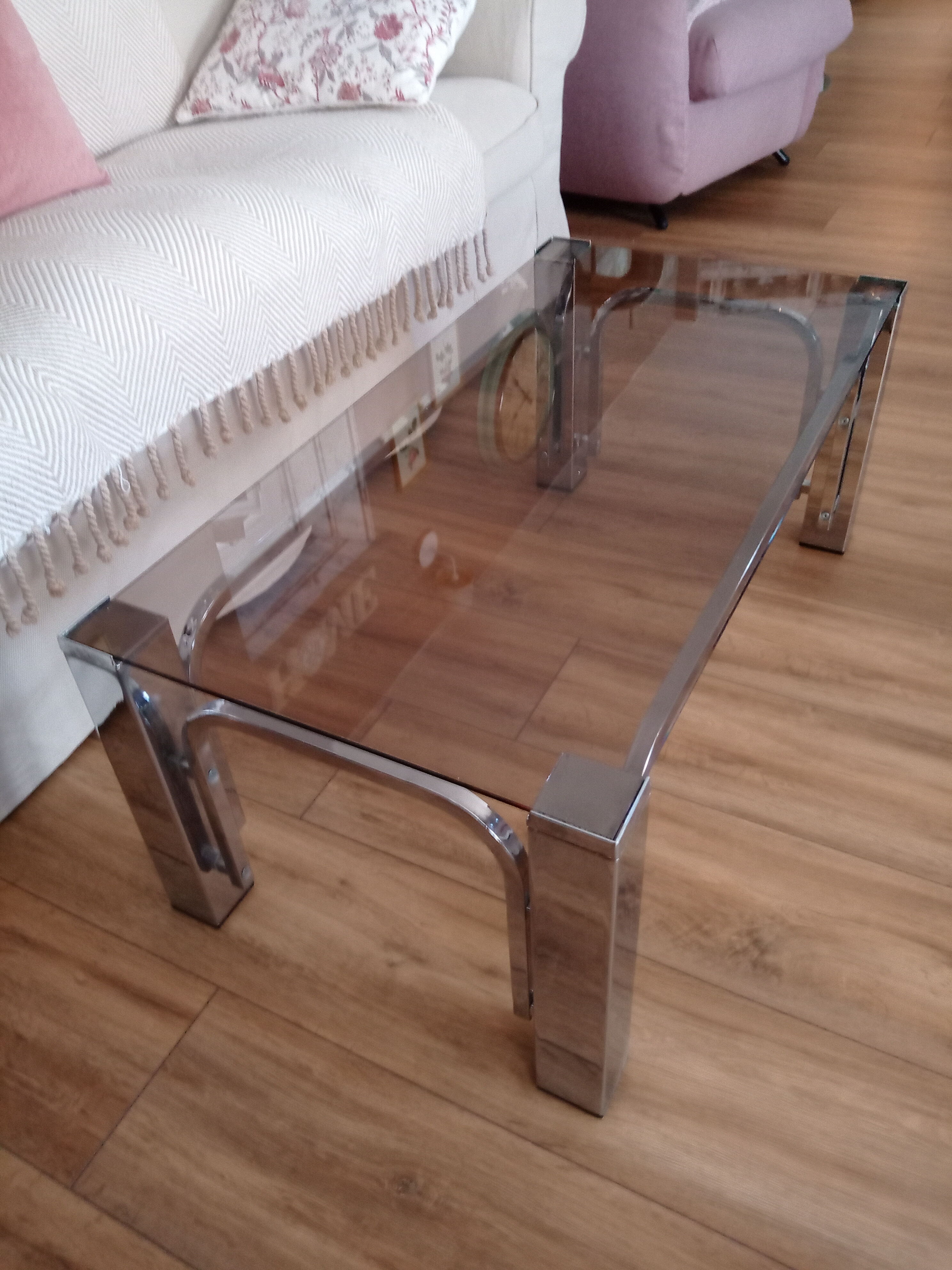 Vintage 70s lounge coffee table chrome-plated base and smoky glass tray