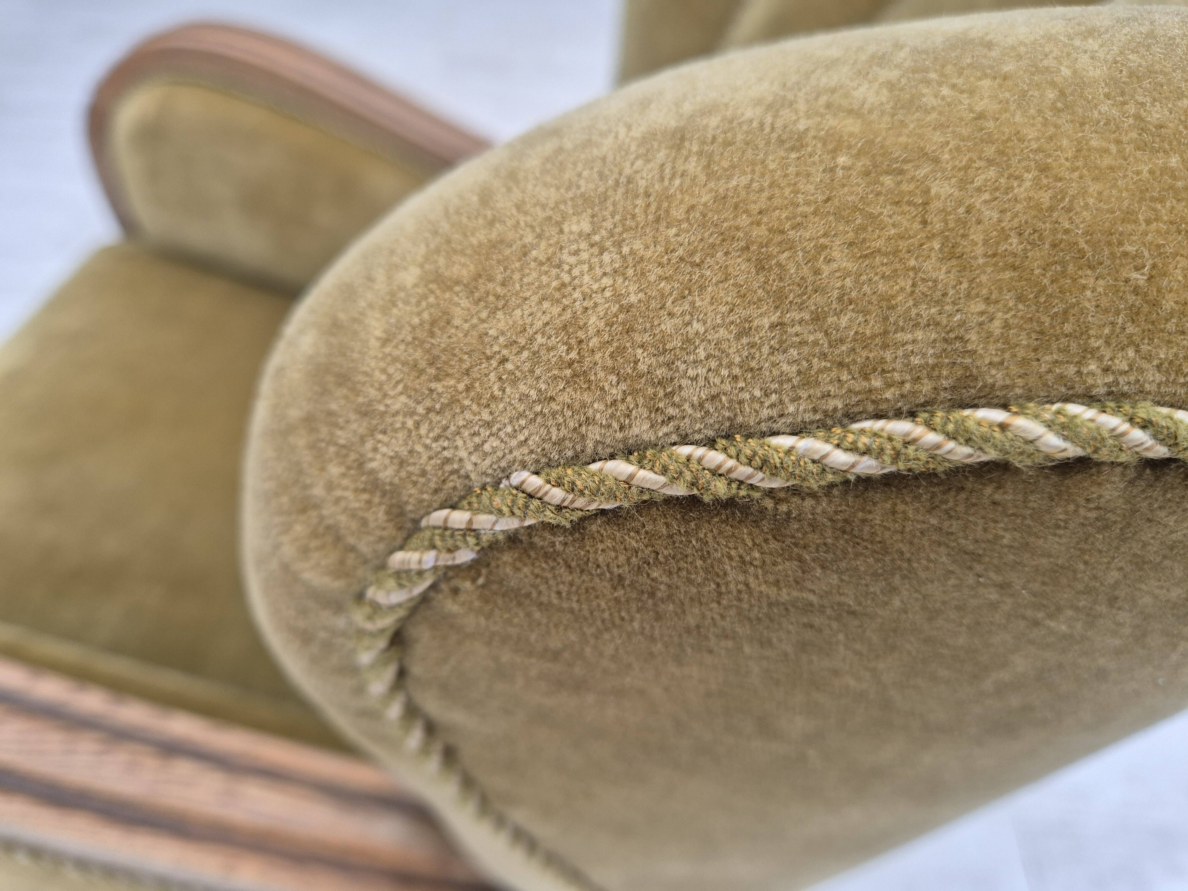 1960s, Danish relax armchair, green furniture velour fabric, oak wood.