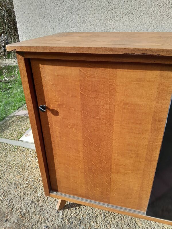 Meuble enfilade vintage bois mélamine année 50 pieds compas