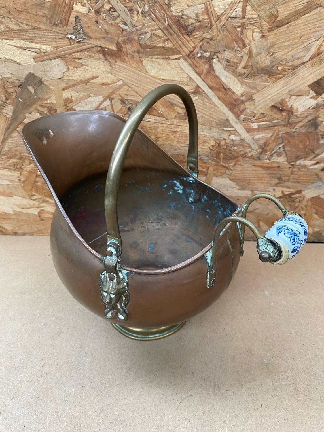 Antique copper & brass ash bucket + porcelain handle