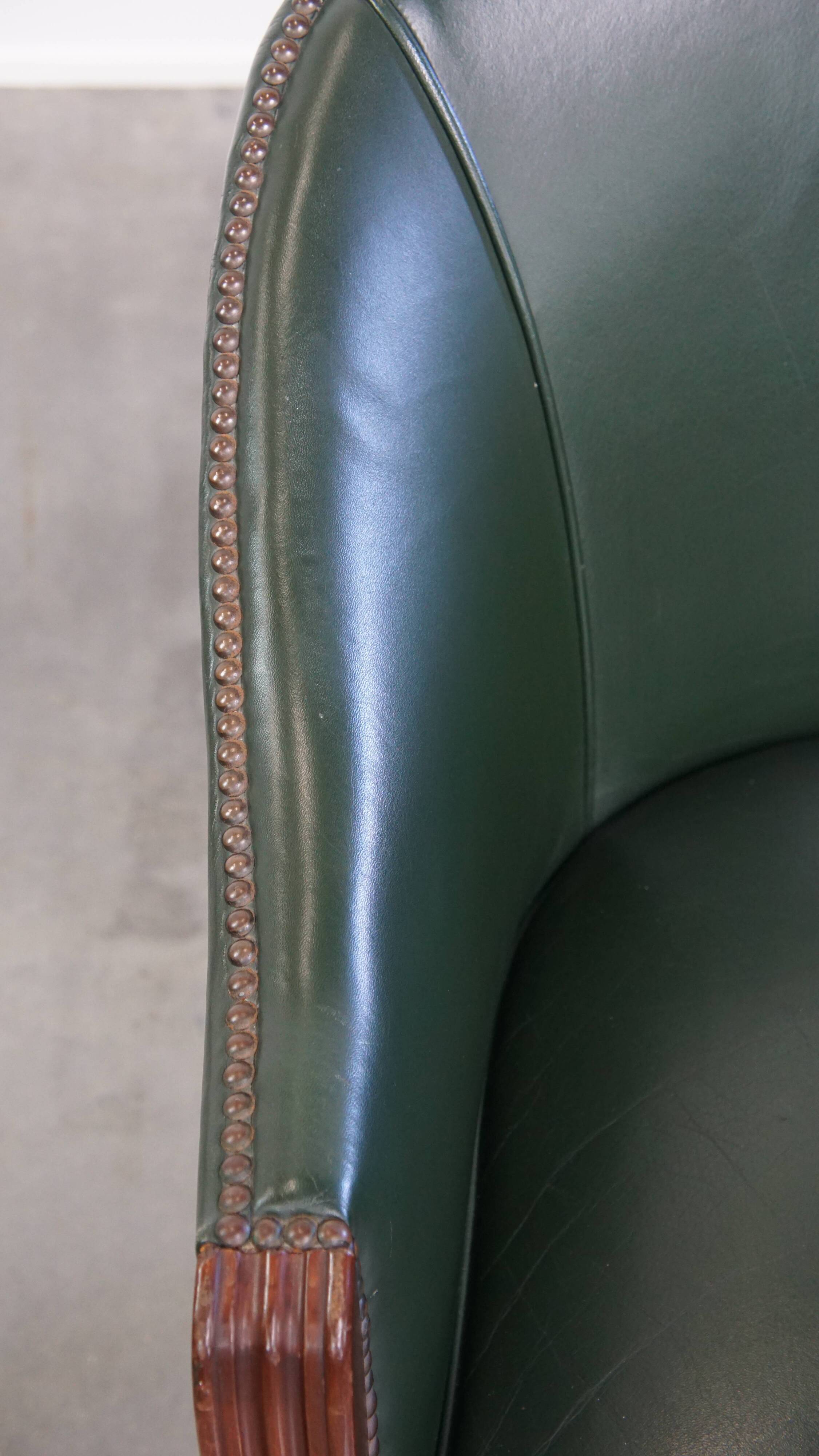 Set of 2 Green Cowhide Leather and Wooden Side/Dining/Office Chairs