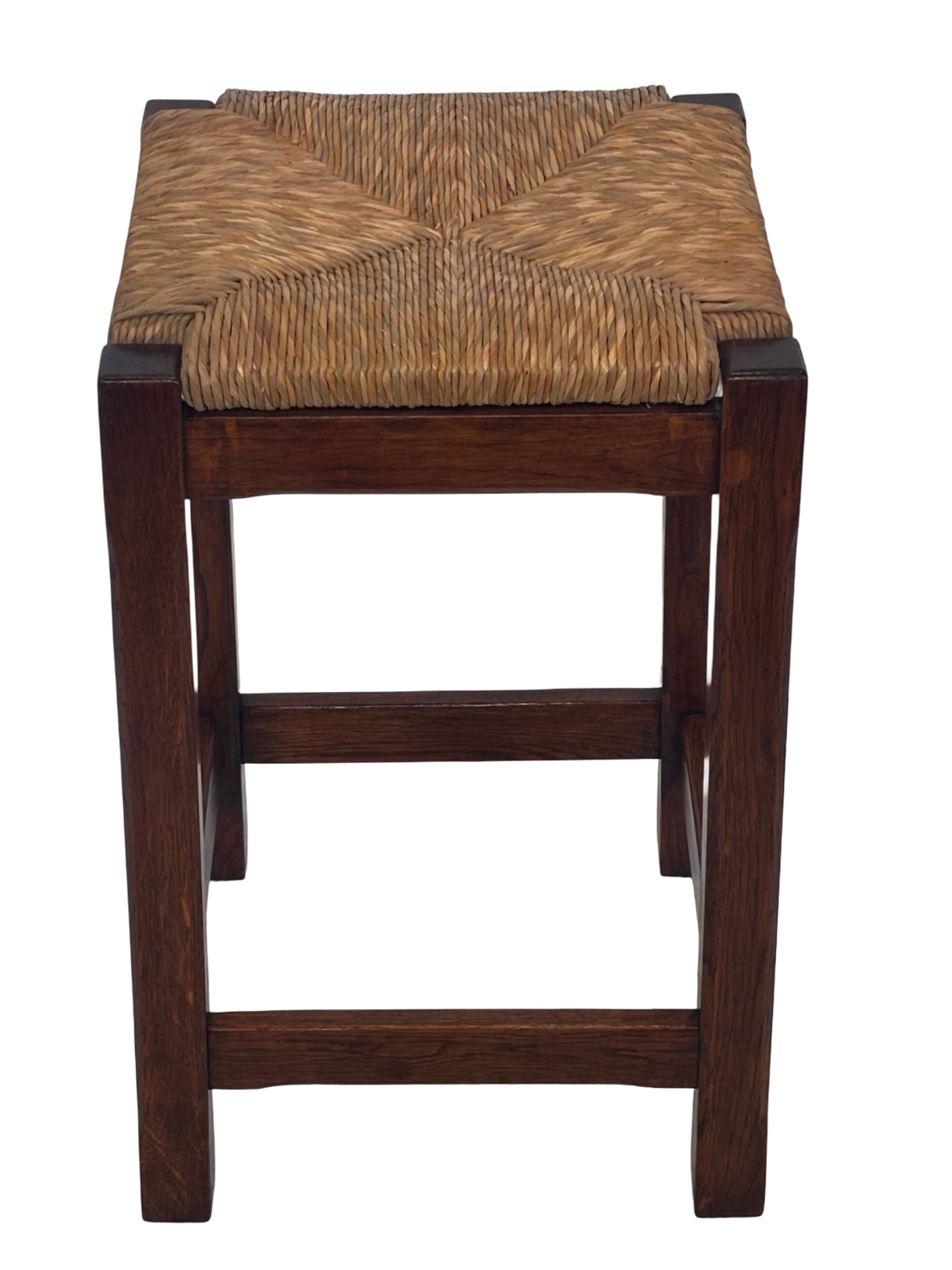 Vintage rattan stool with oak, 60s wabi sabi design, minimalist
