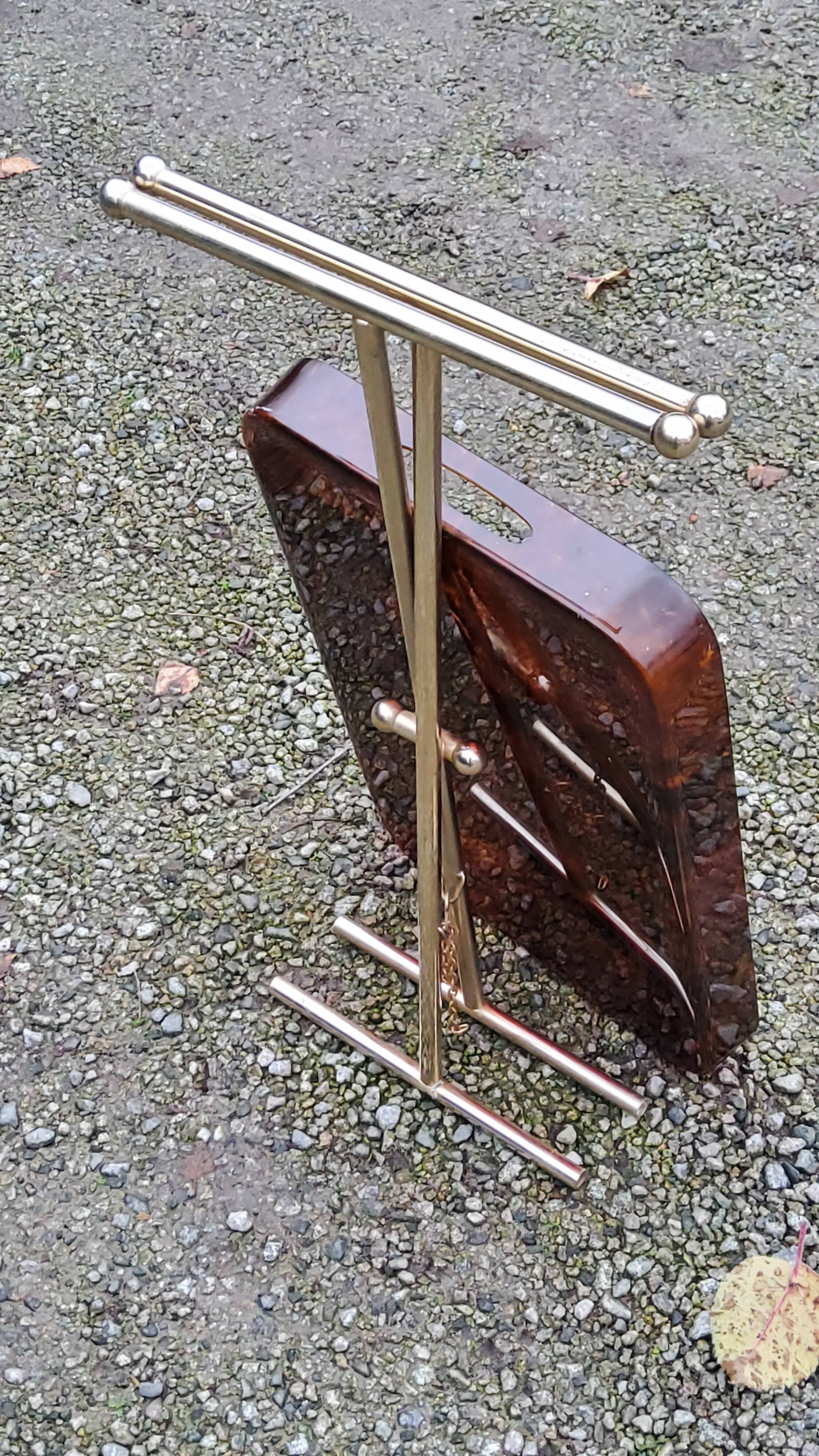 Gold metal side table with tortoiseshell lucite top from the 70s