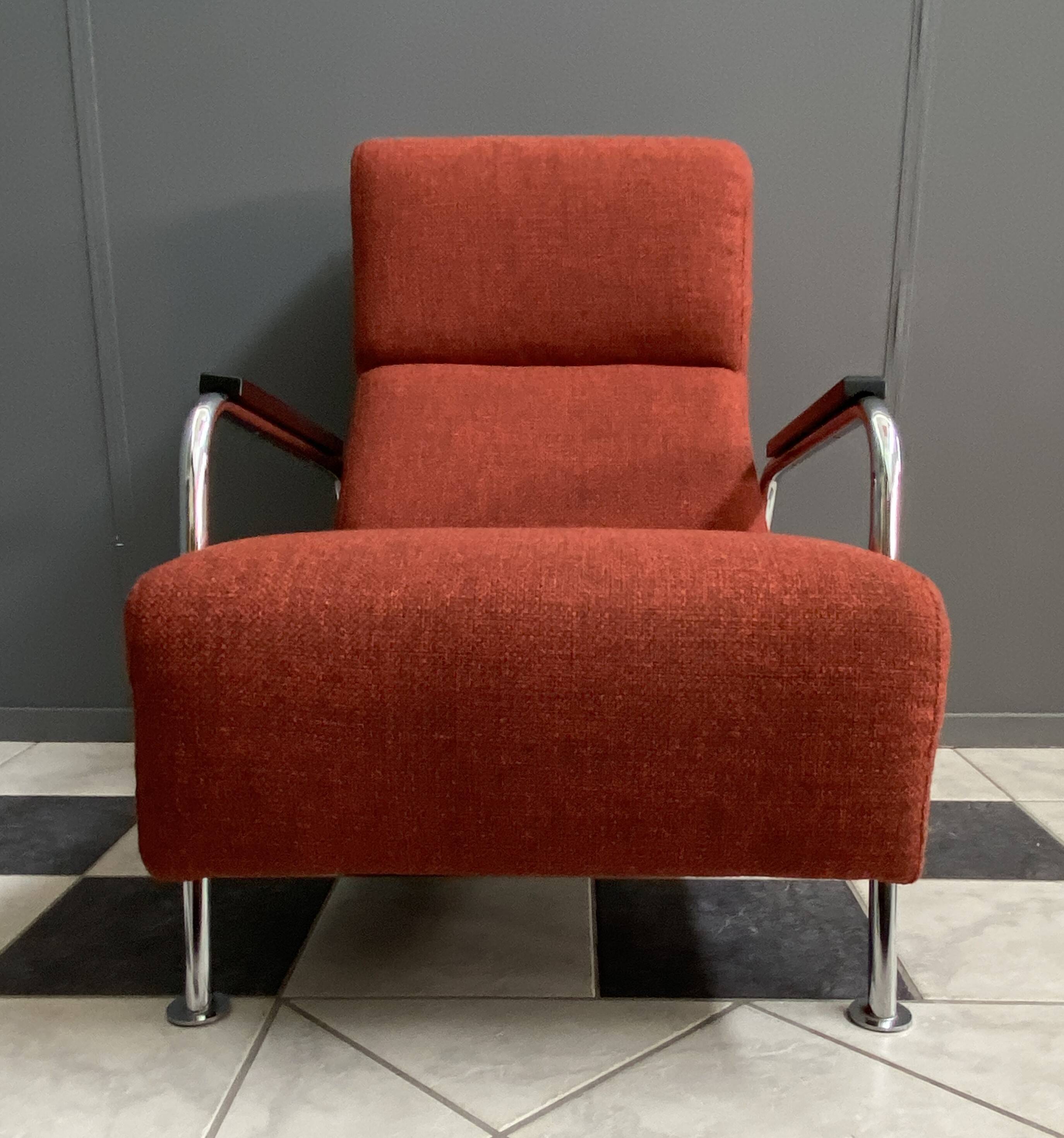 Red Brown fabric relax chair in Chrome frame 1970s