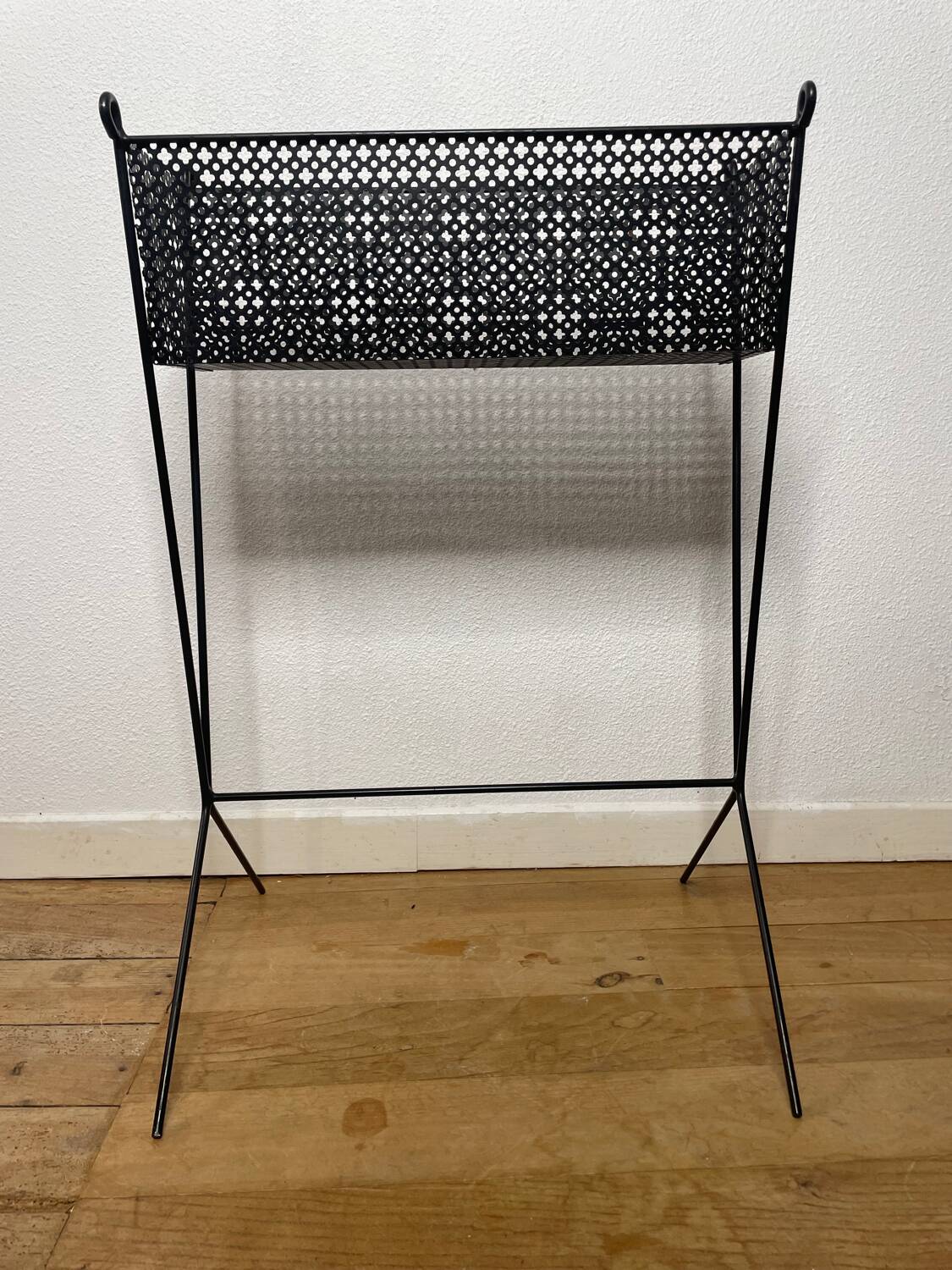 1950s black perforated metal planter in the style of Mathieu MATEGOT