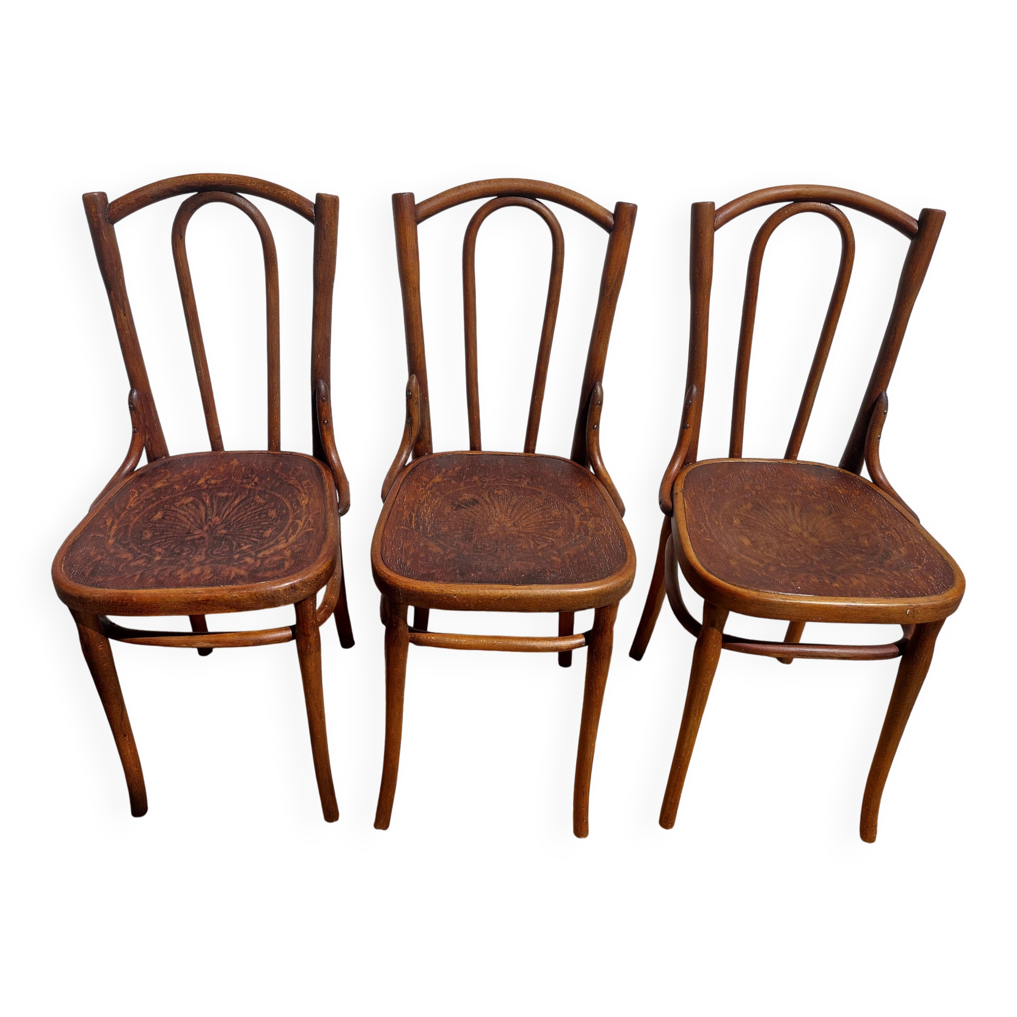 set of 3 curved wooden bistro chairs with patterns