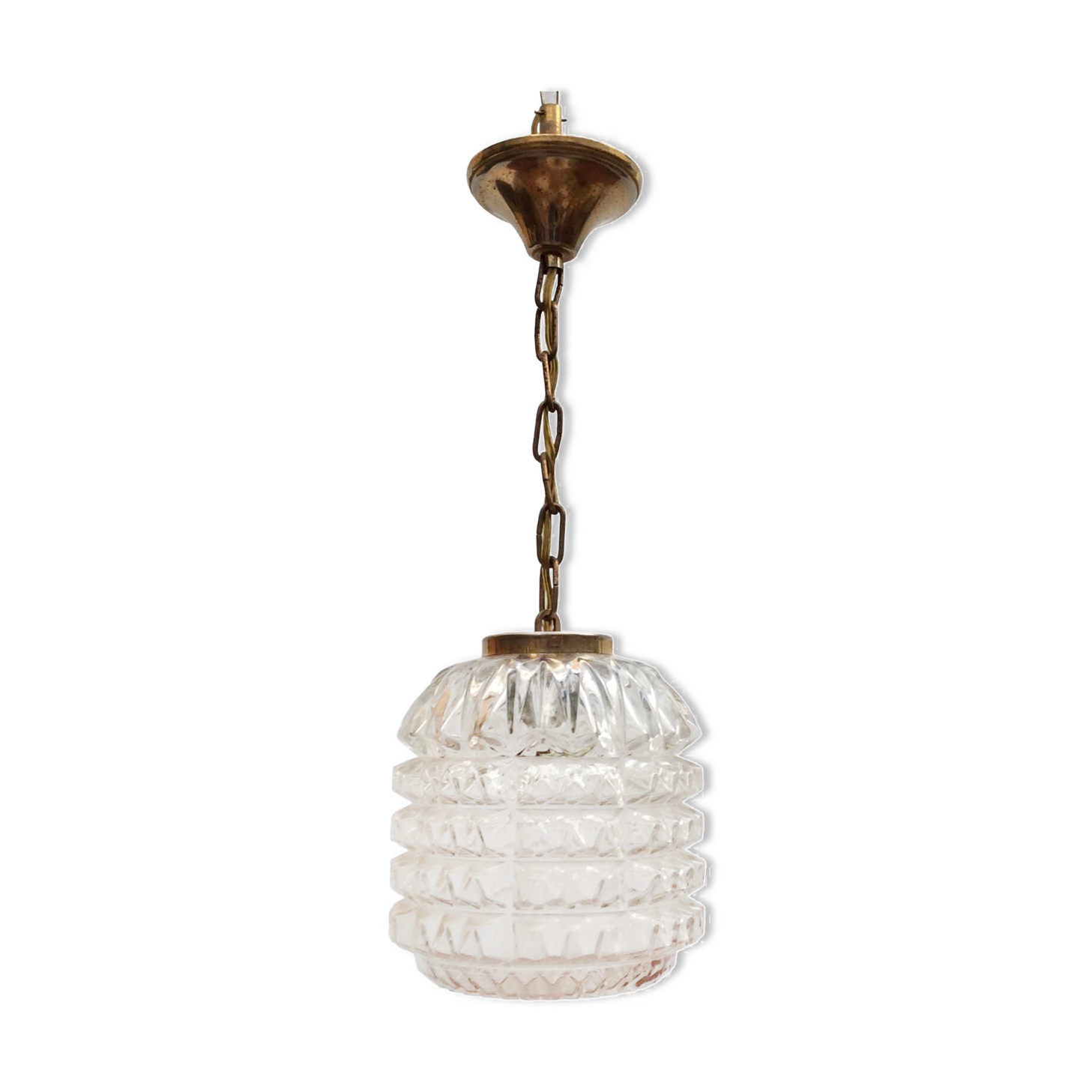 Suspension vintage composée d’un globe en verre dimension : hauteur -38cm- diamètre -12,5cm-