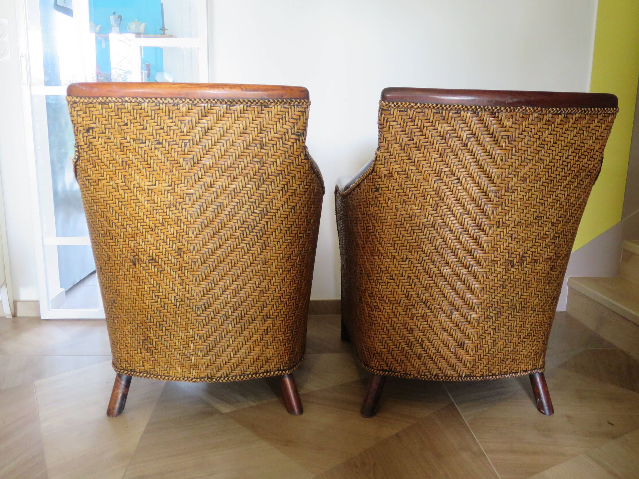 Set of 2 armchairs in woven rattan and exotic wood, 1980s