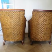 Set of 2 armchairs in woven rattan and exotic wood, 1980s