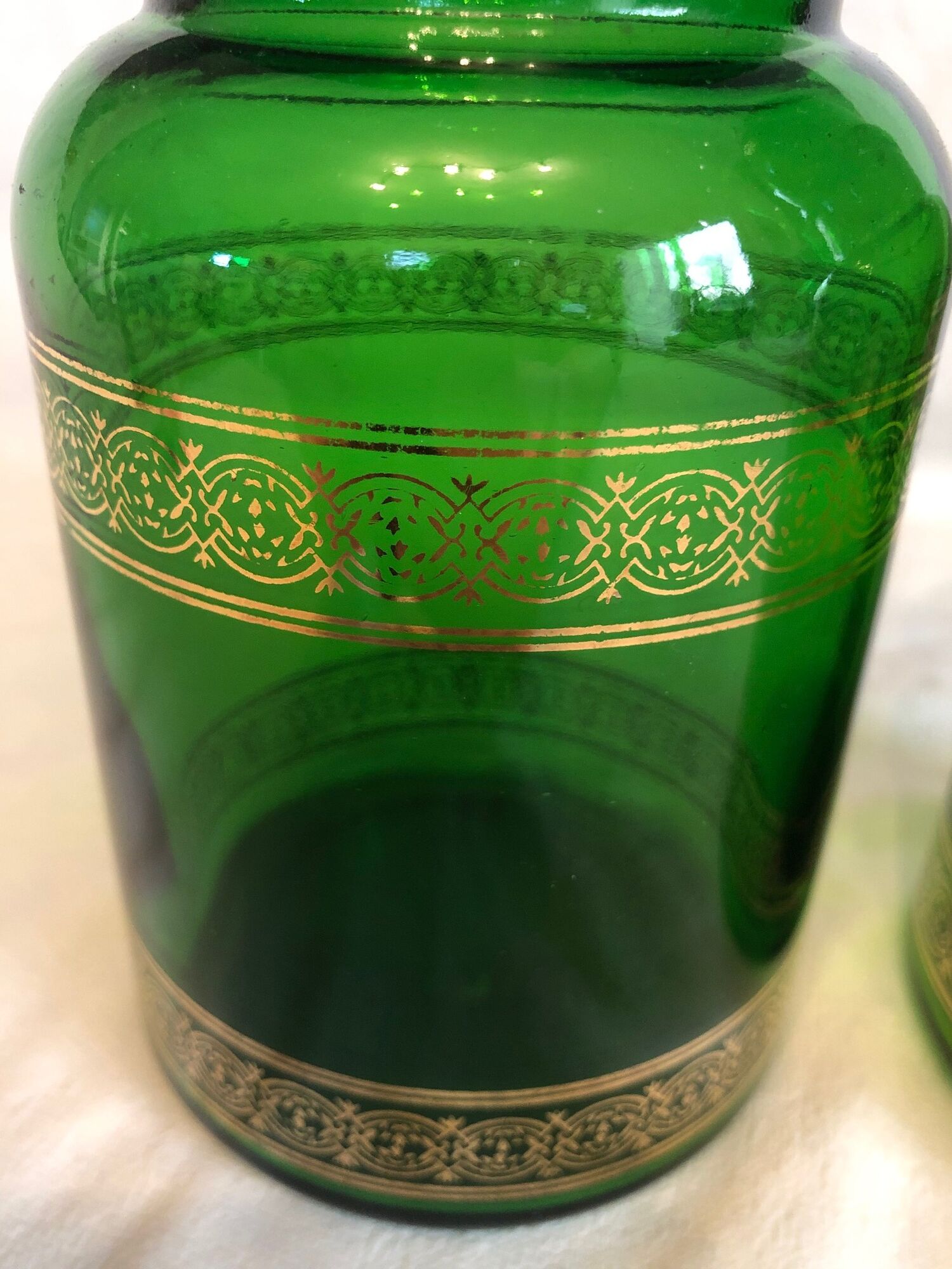 2 jars of green glass apothecary and 1970s gilding