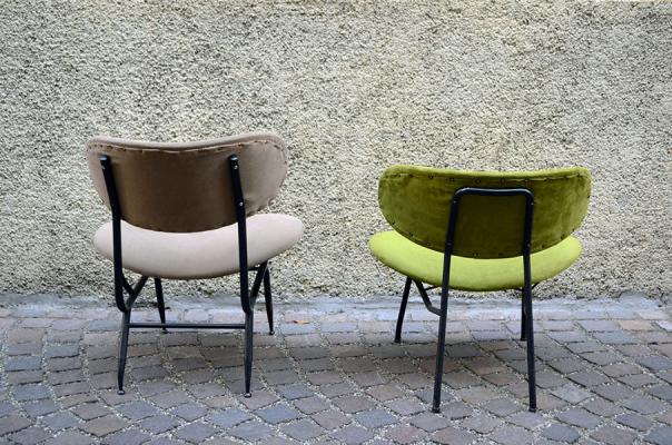 Set of two chairs in painted metal and fabric, Italy, 1950