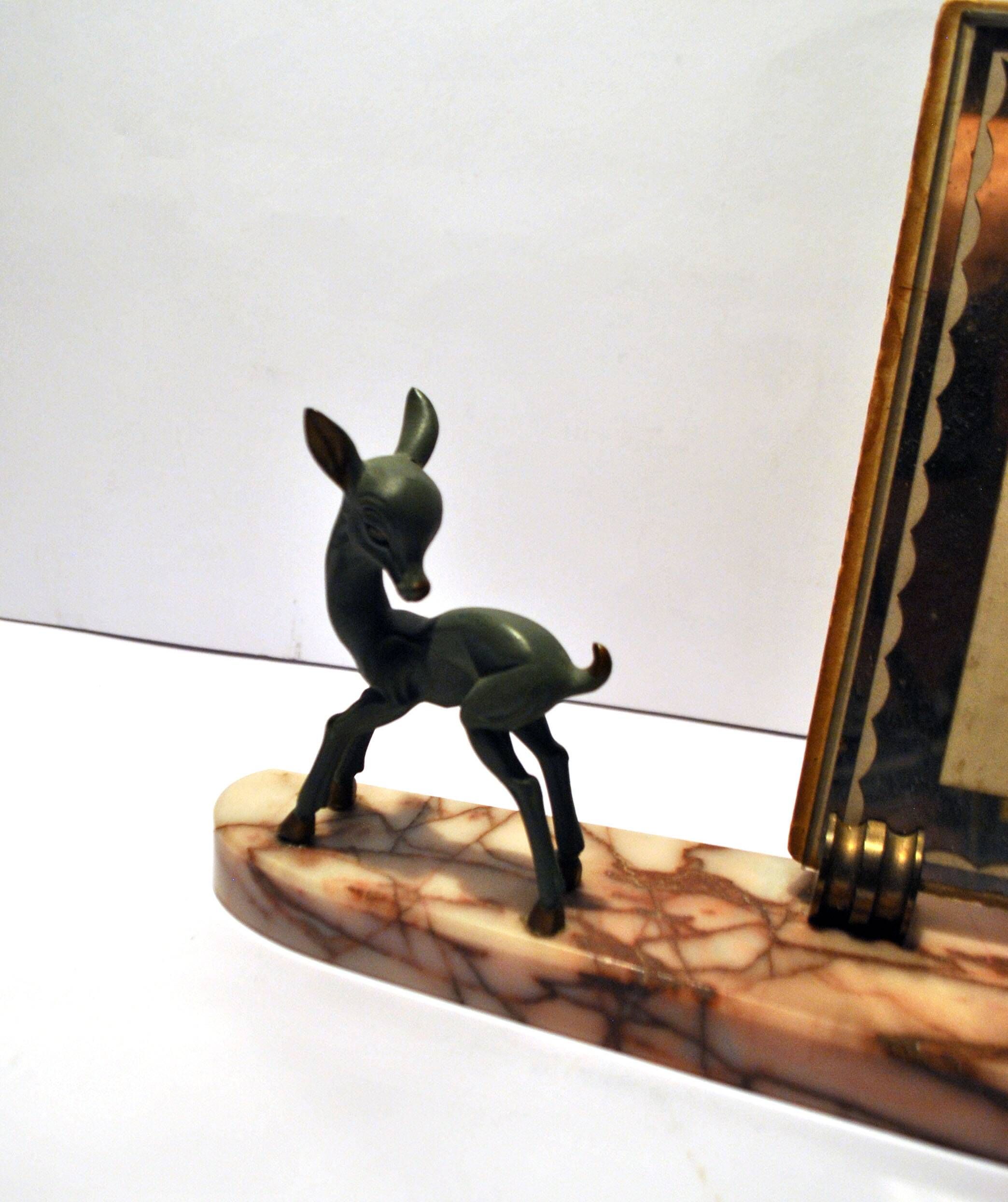 Art Deco Photo Frame Bambi Bronze Statuette and Mirror Glass 1940