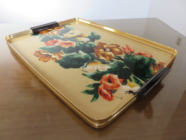 Floral formica and gold metal tray 50 60s