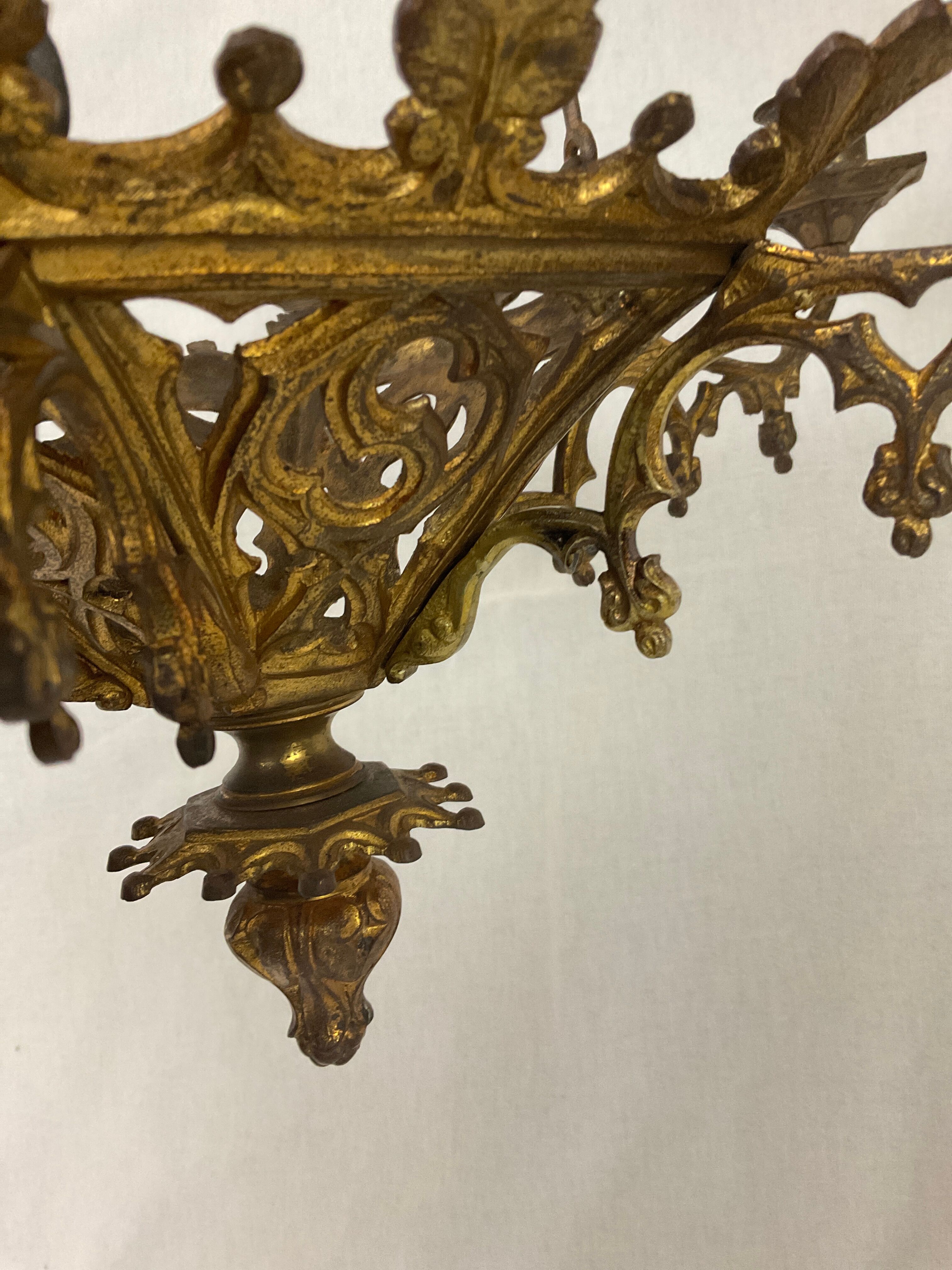 Neo Gothic church chandelier in gilded bronze with 6 burners 19 th