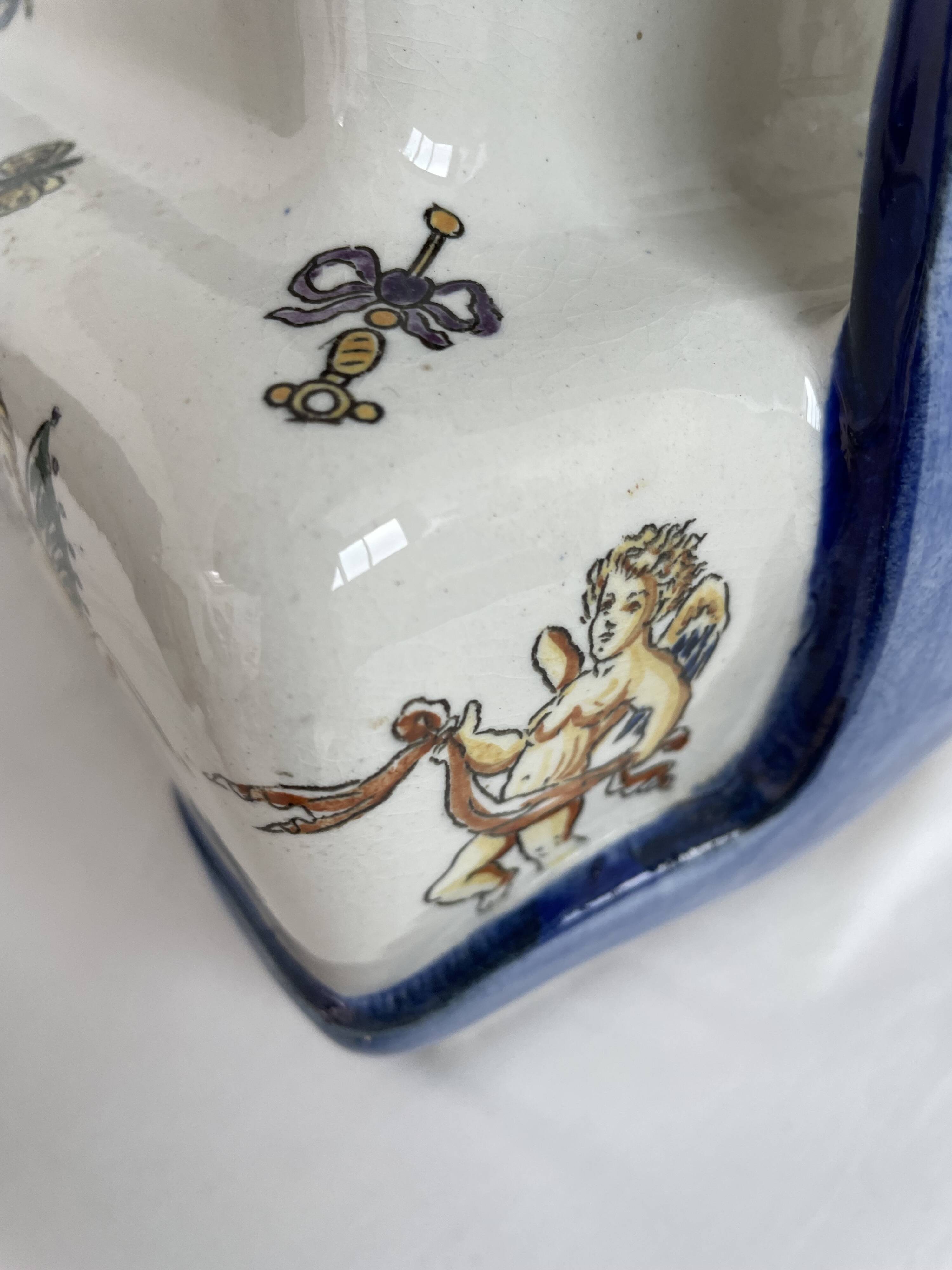 Planter, cache pot, Gien earthenware, rich decoration, Italian Renaissance, winged angel, antique decoration