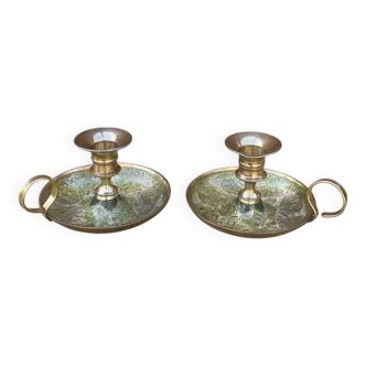 Paire de bougeoirs rat-de-cave en laiton cloisonné – années 60