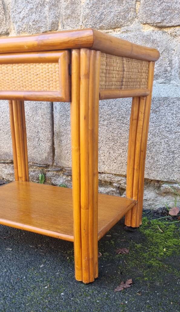 Pair of Maugrion bedside tables for Roche Bobois, bamboo, rattan 70s