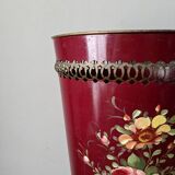 Antique metal umbrella stand with hand-painted floral decor, bohemian countryside