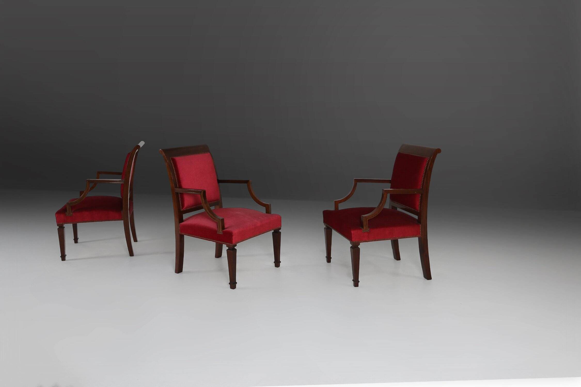 Empire‑Style Armchairs in Wood and Red Velvet, Belgium ca. 195