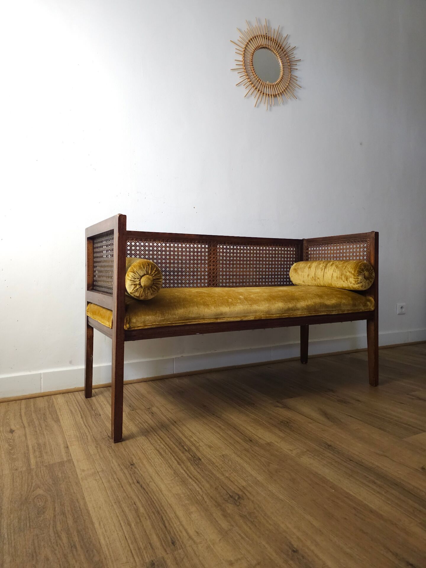 Vintage bench in cane and mustard yellow velvet