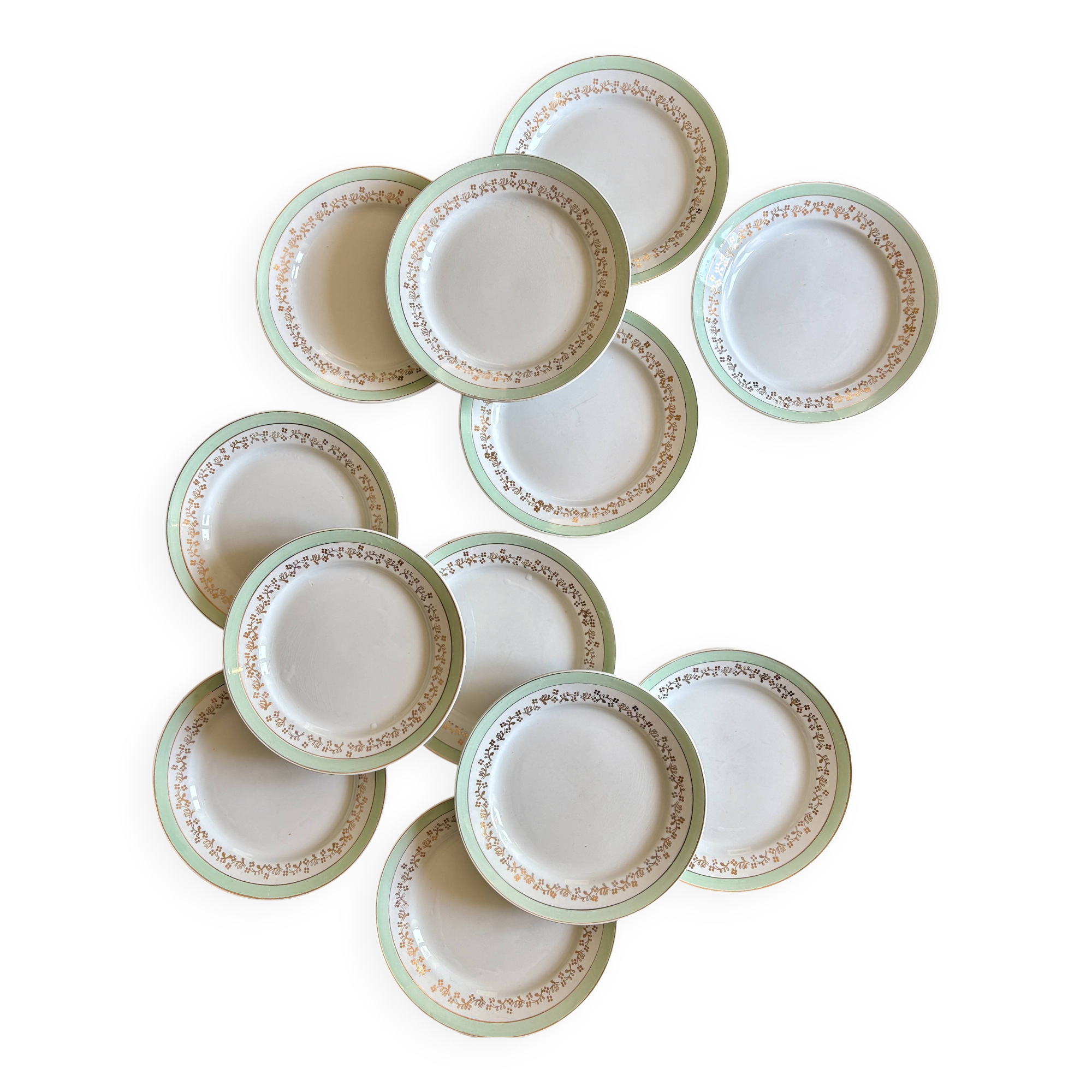 Set of 12 white, mint and gold flat plates, Mosèle de Lunéville