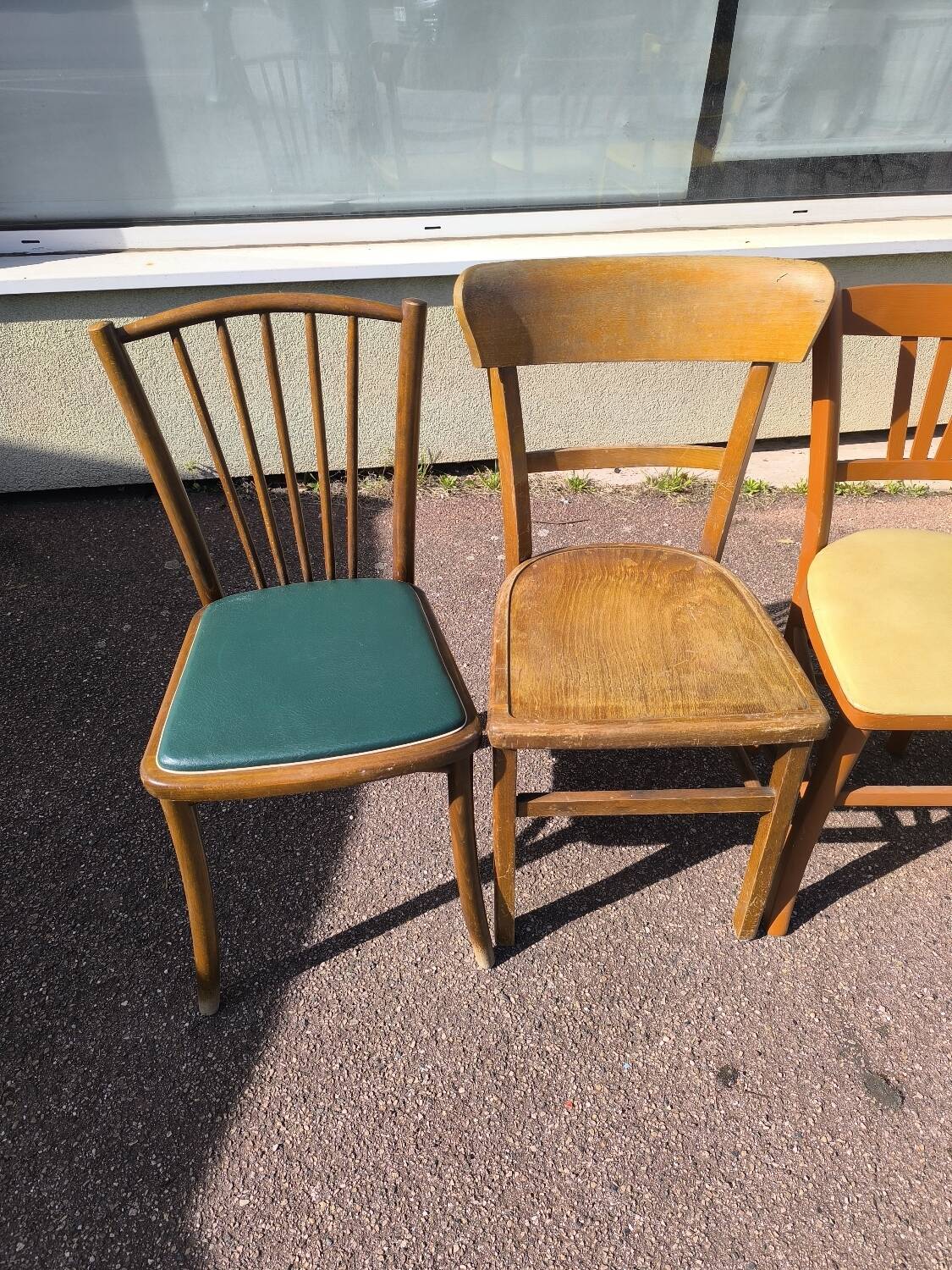 Set of 6 mismatched vintage wooden bistro chairs