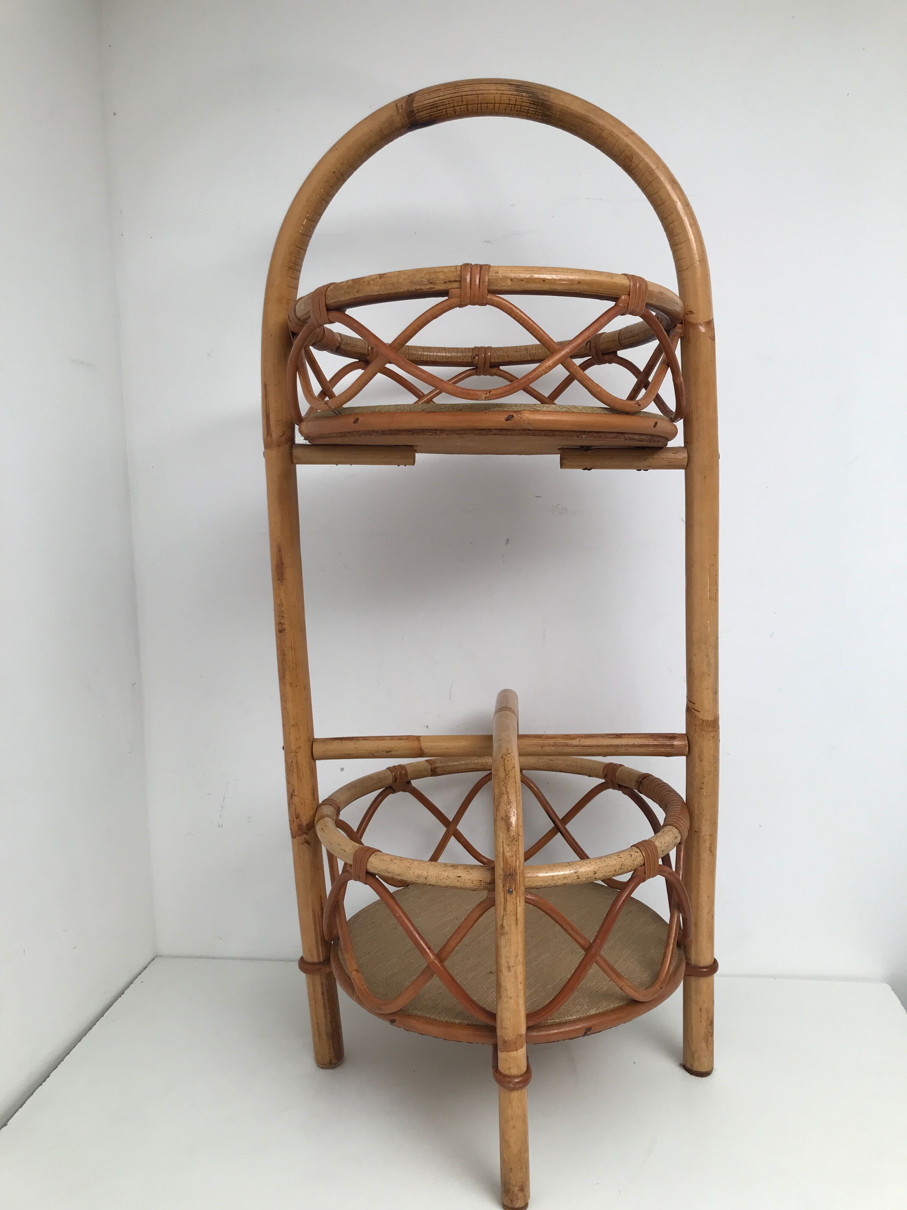 Desserte bar ronde en rotin osier vintage 1960