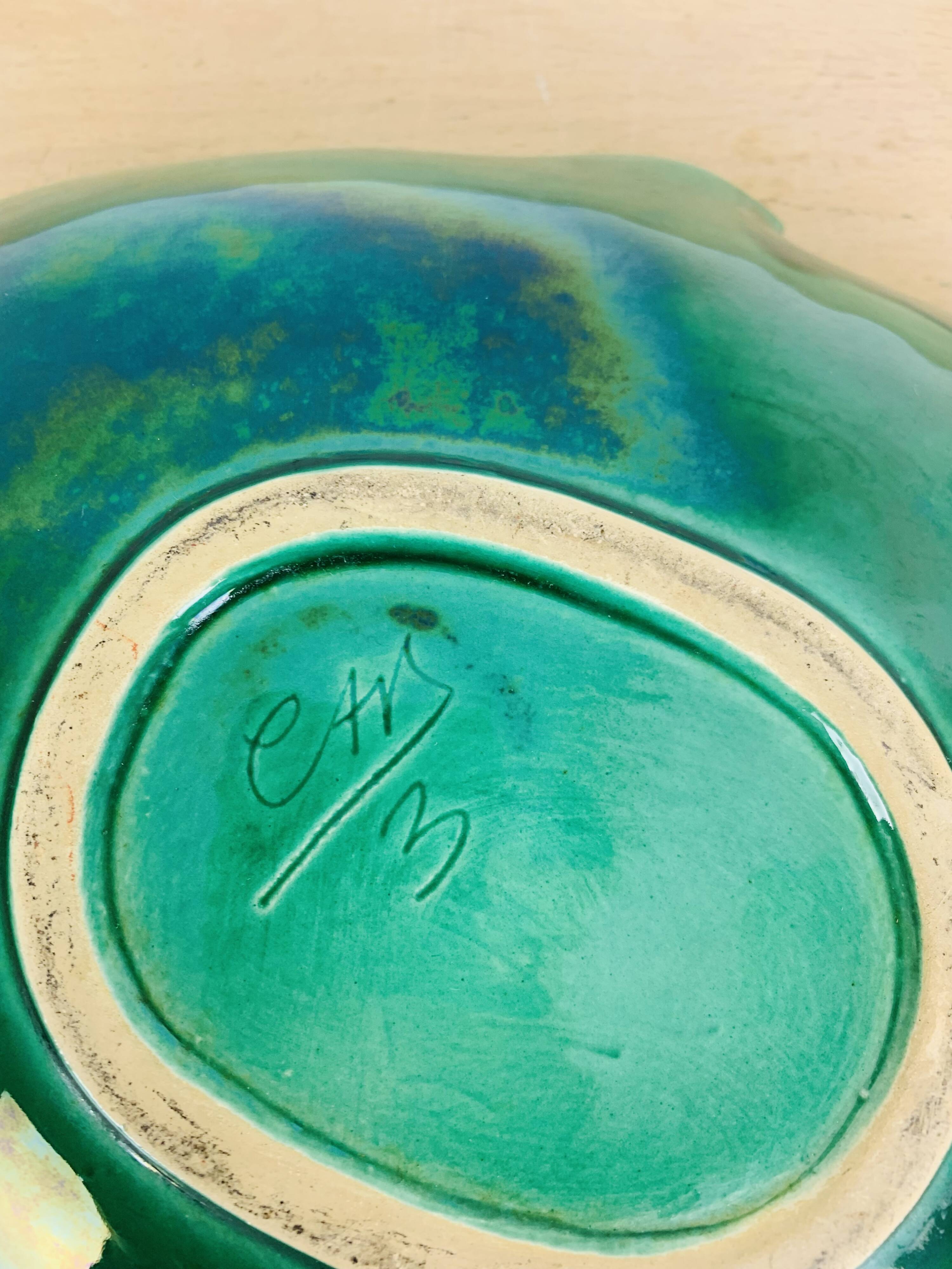 Ceramic cup signed CAB, green leaf, 1950s, slip