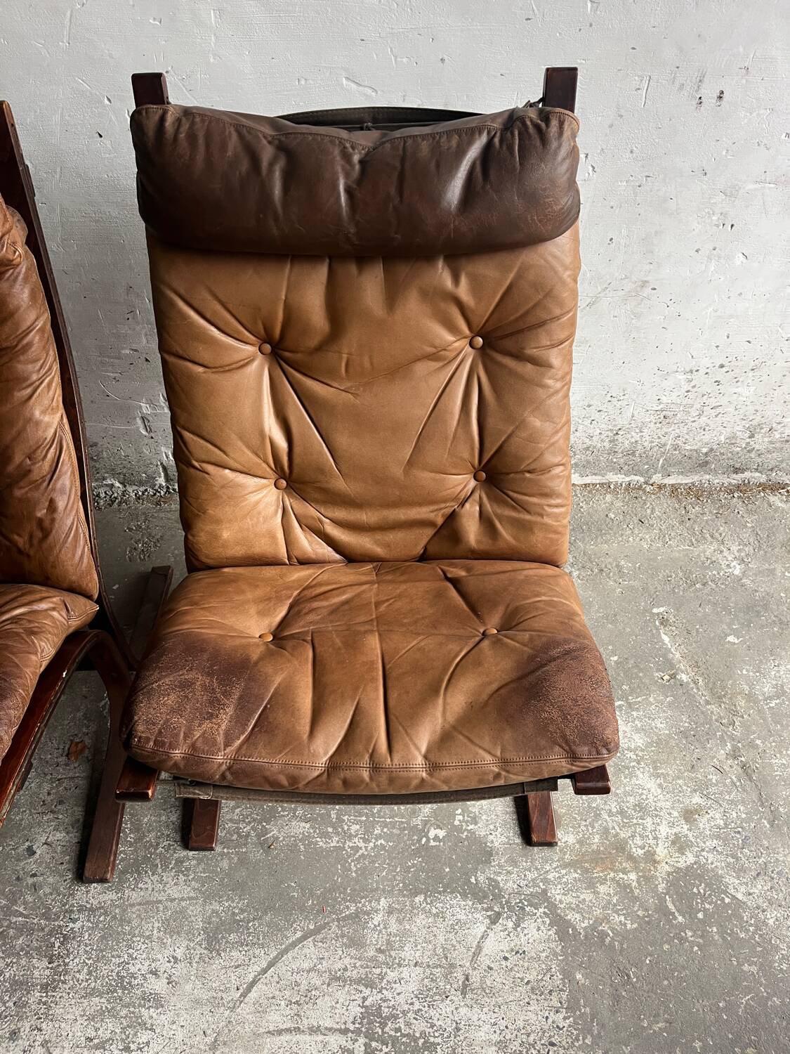 Siesta armchair by Ingmar Relling with ottoman — bentwood dark brown frame, cognac leather