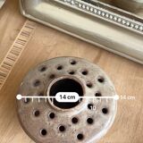 Vintage flower pot in perforated handcrafted stoneware, flattened round shape, p