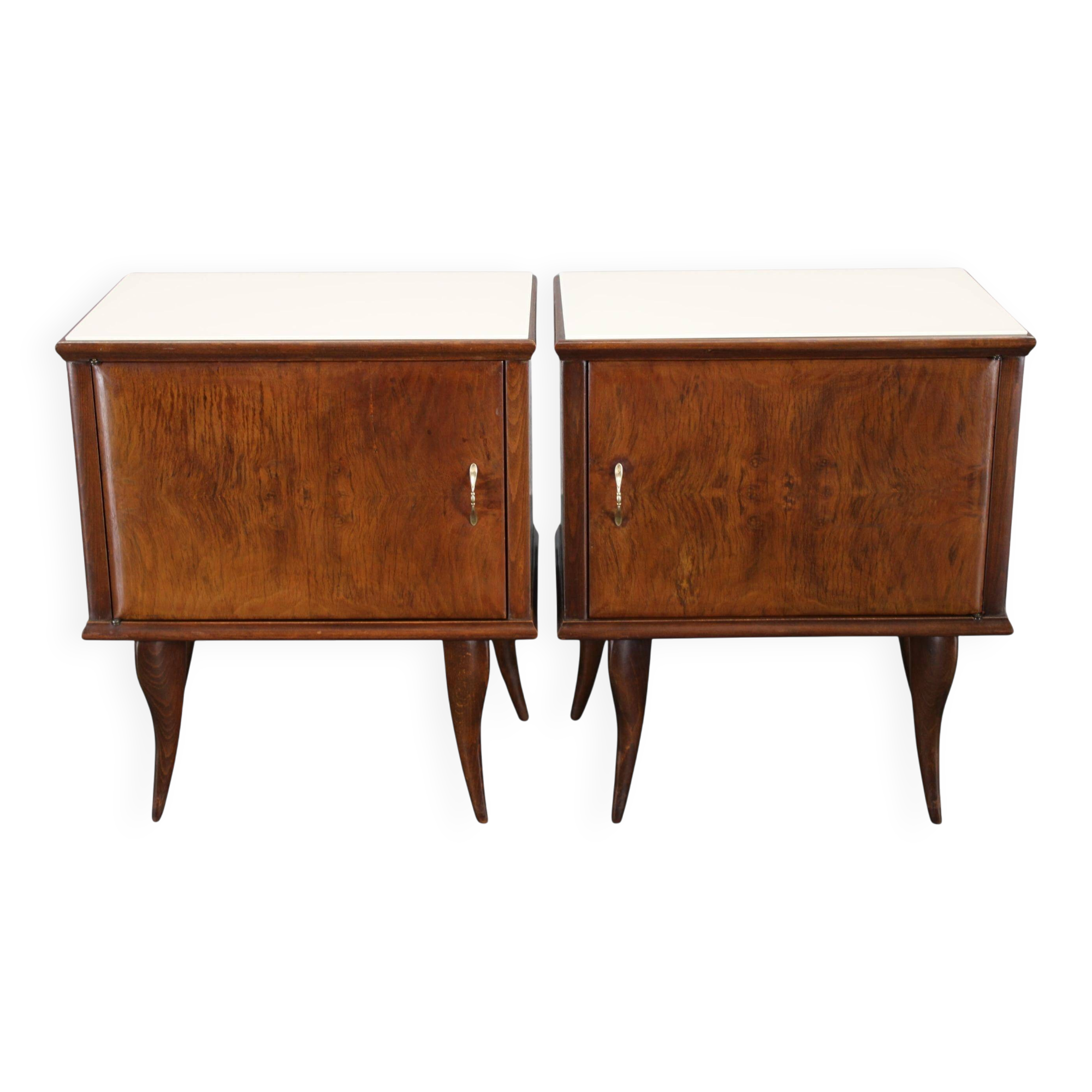 Pair of mid-century Italian walnut nightstands with glass top, 1950s