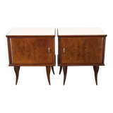 Pair of mid-century Italian walnut nightstands with glass top, 1950s
