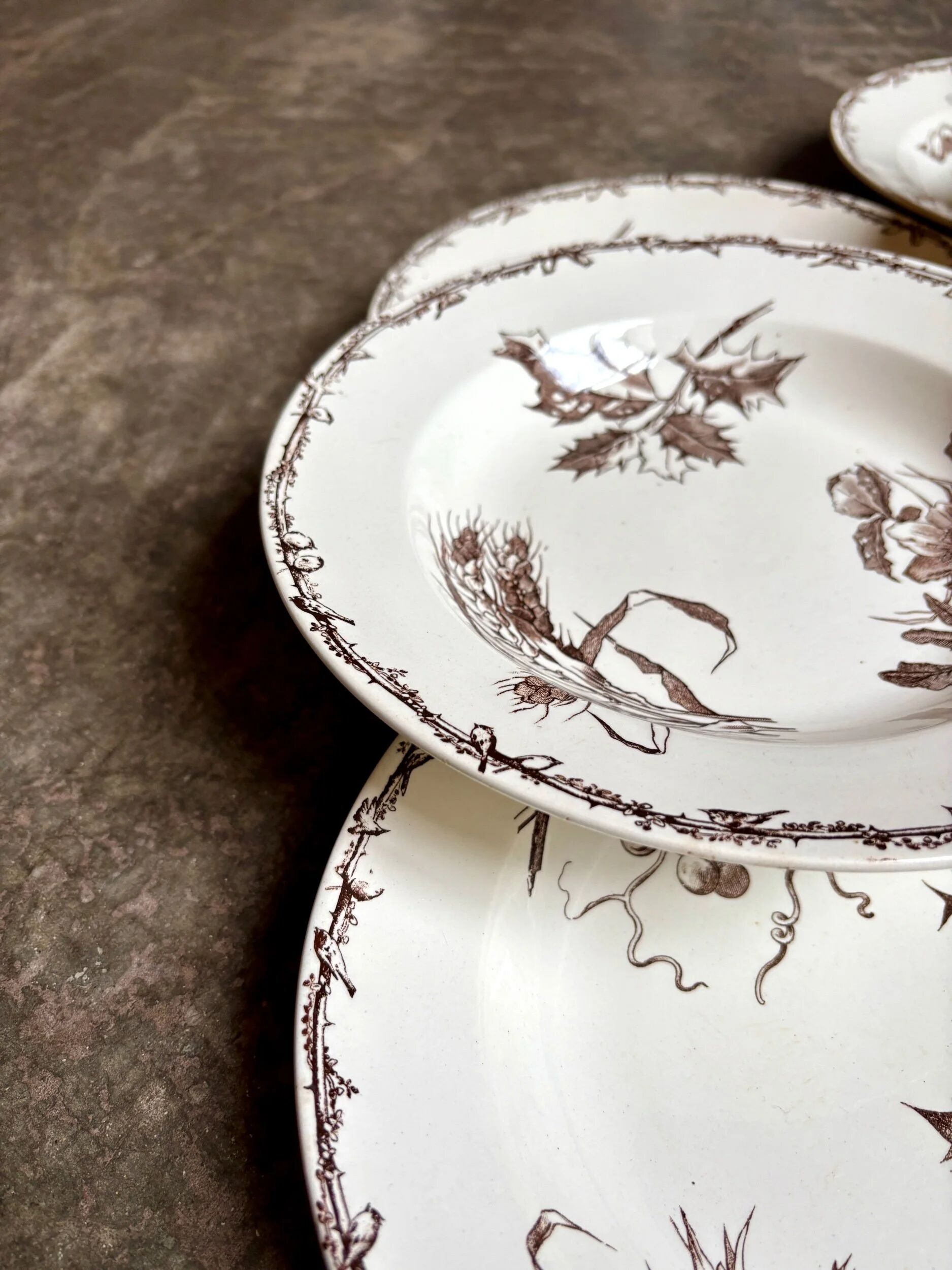 6 HB & Cie brown ironstone soup plates