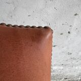 Brutalist dark brown solid wood armchair with natural rattan seat and cognac leather back