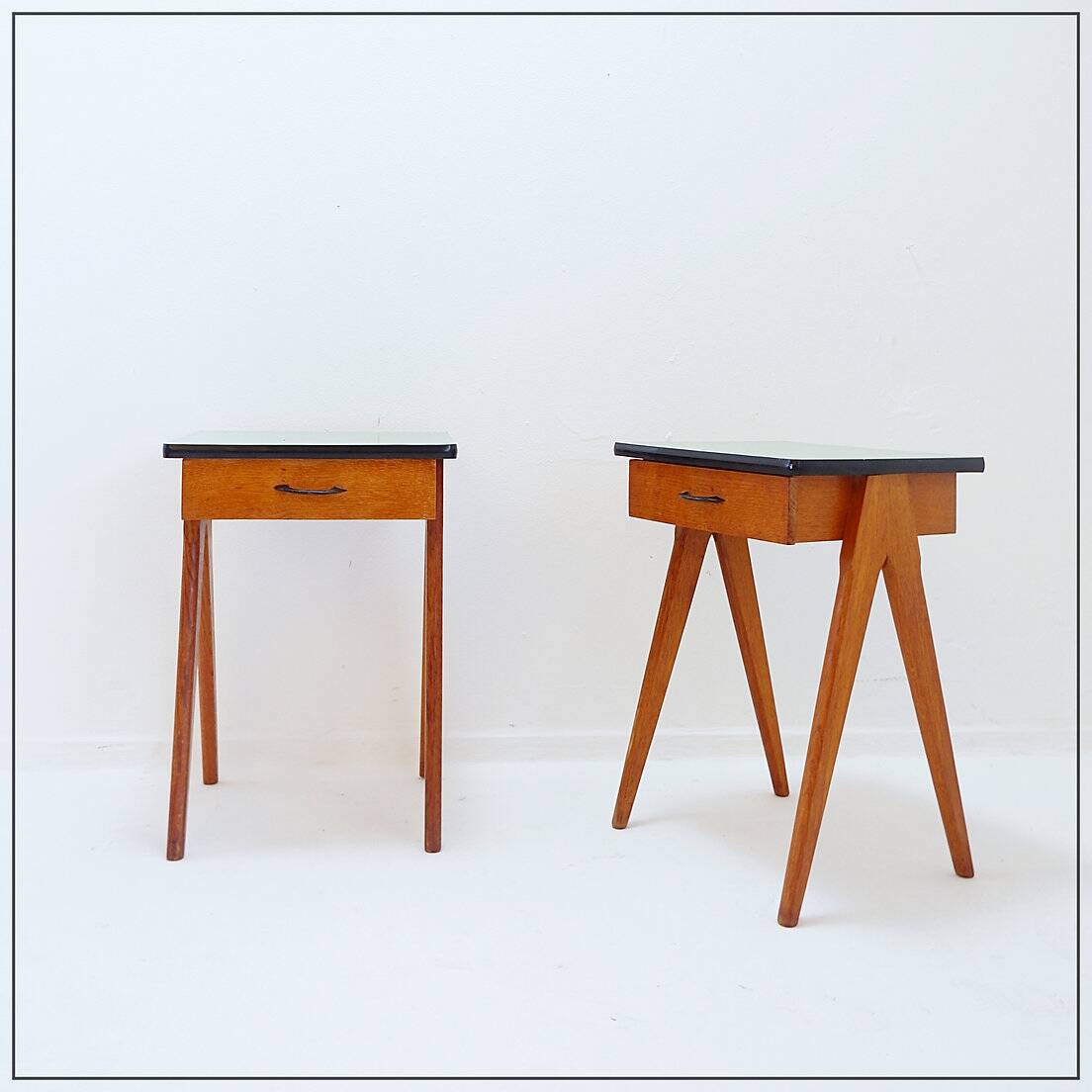 Pair of vintage compass legs bedside tables - circa 1960