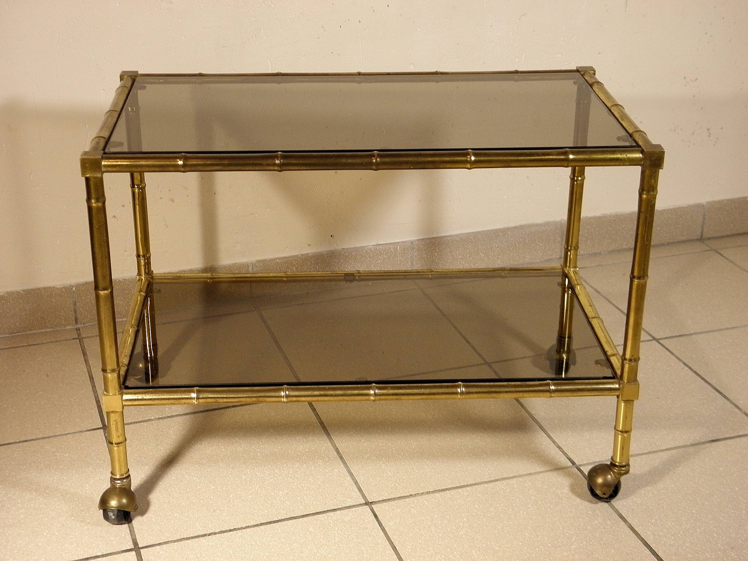 Serving trolley, table on wheels in "bamboo" brass